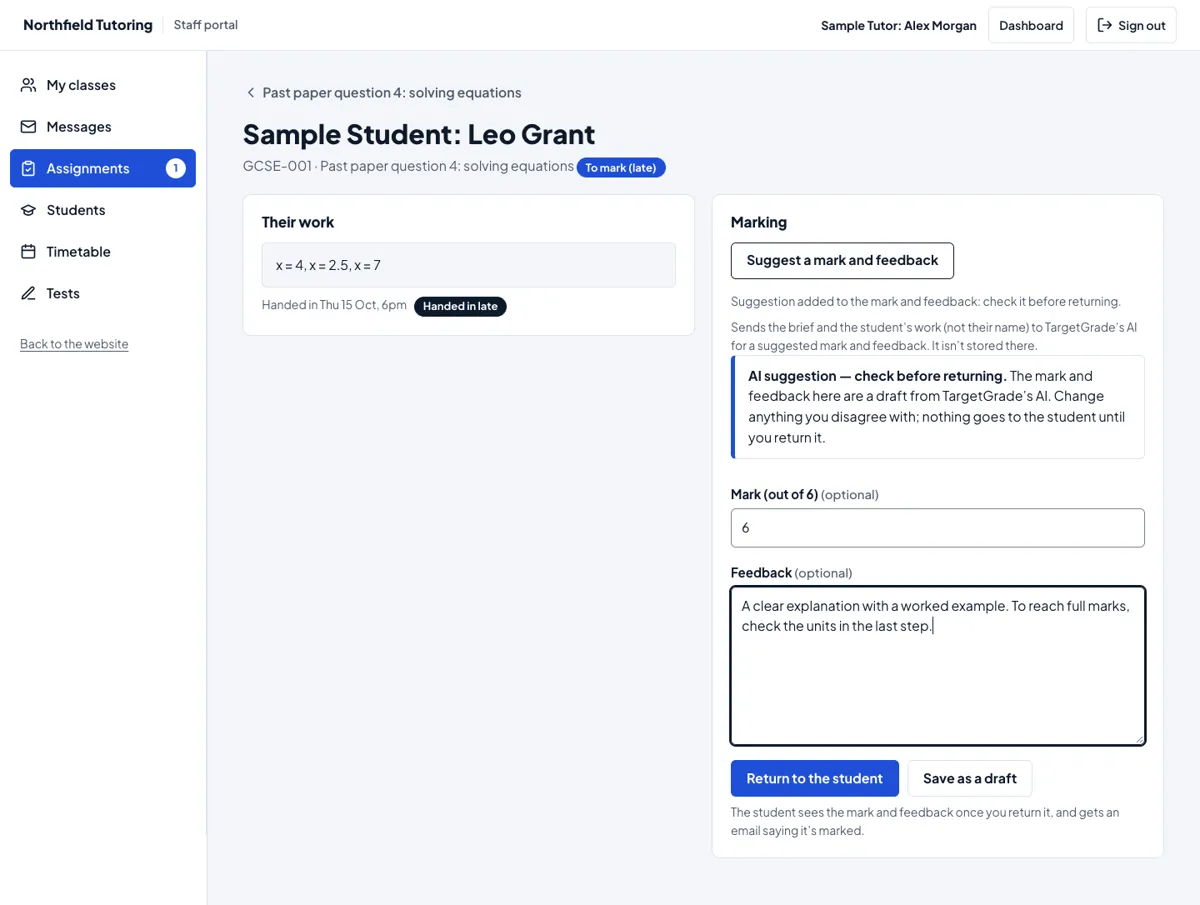 The marking screen with the AI suggestion filled in and labelled "AI suggestion — check before returning"