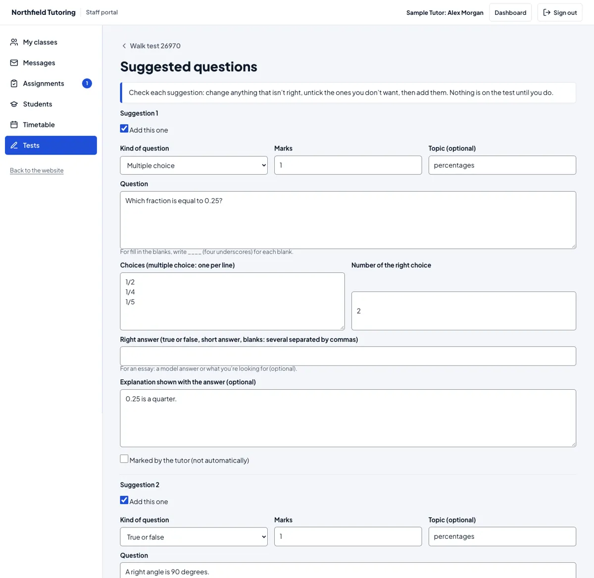 Suggested questions from the AI, each with "Add this one" and its fields to check