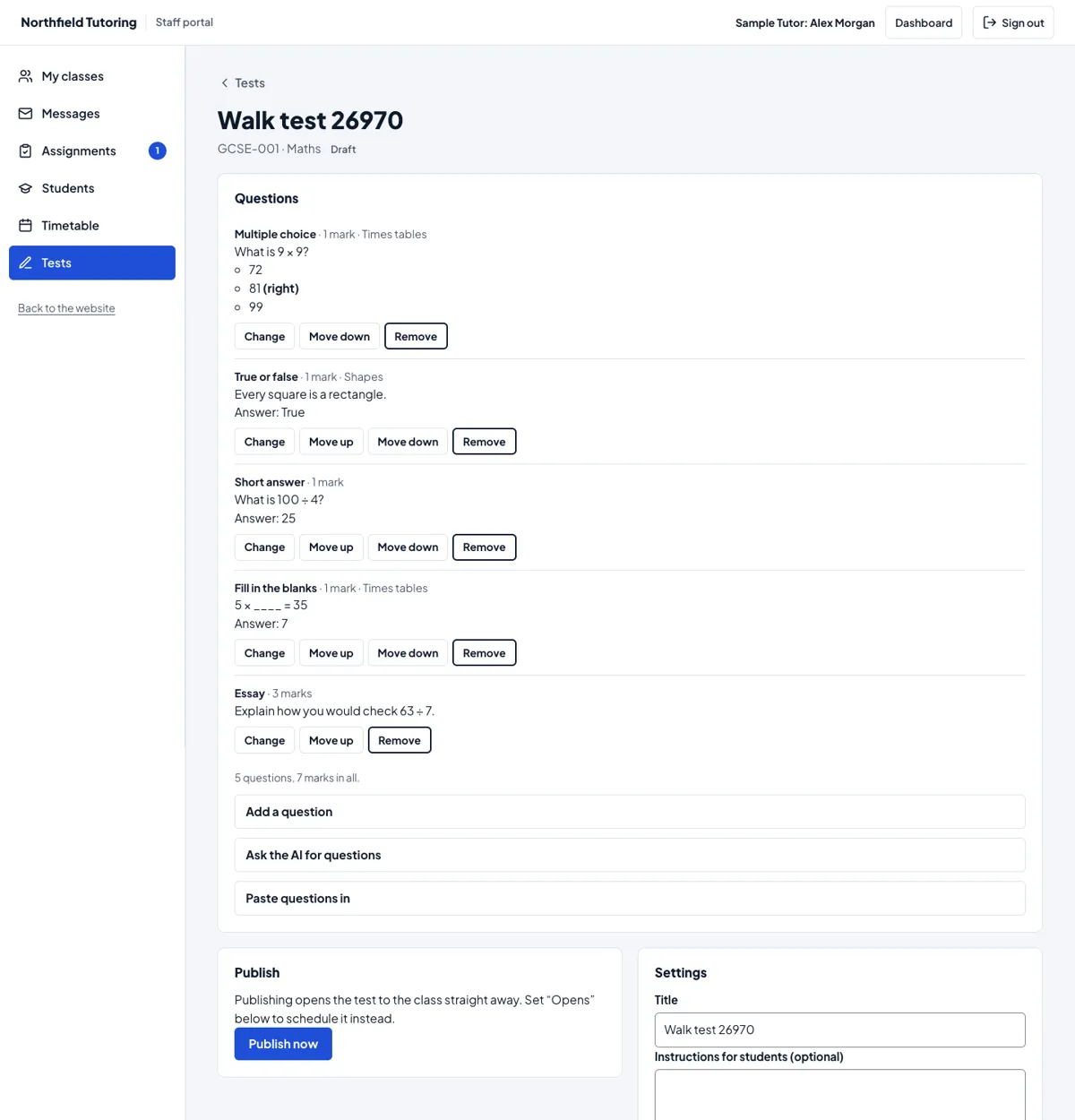 A test's page: the questions with Change, Move up, Move down and Remove, then Add a question, Ask the AI and Paste questions in