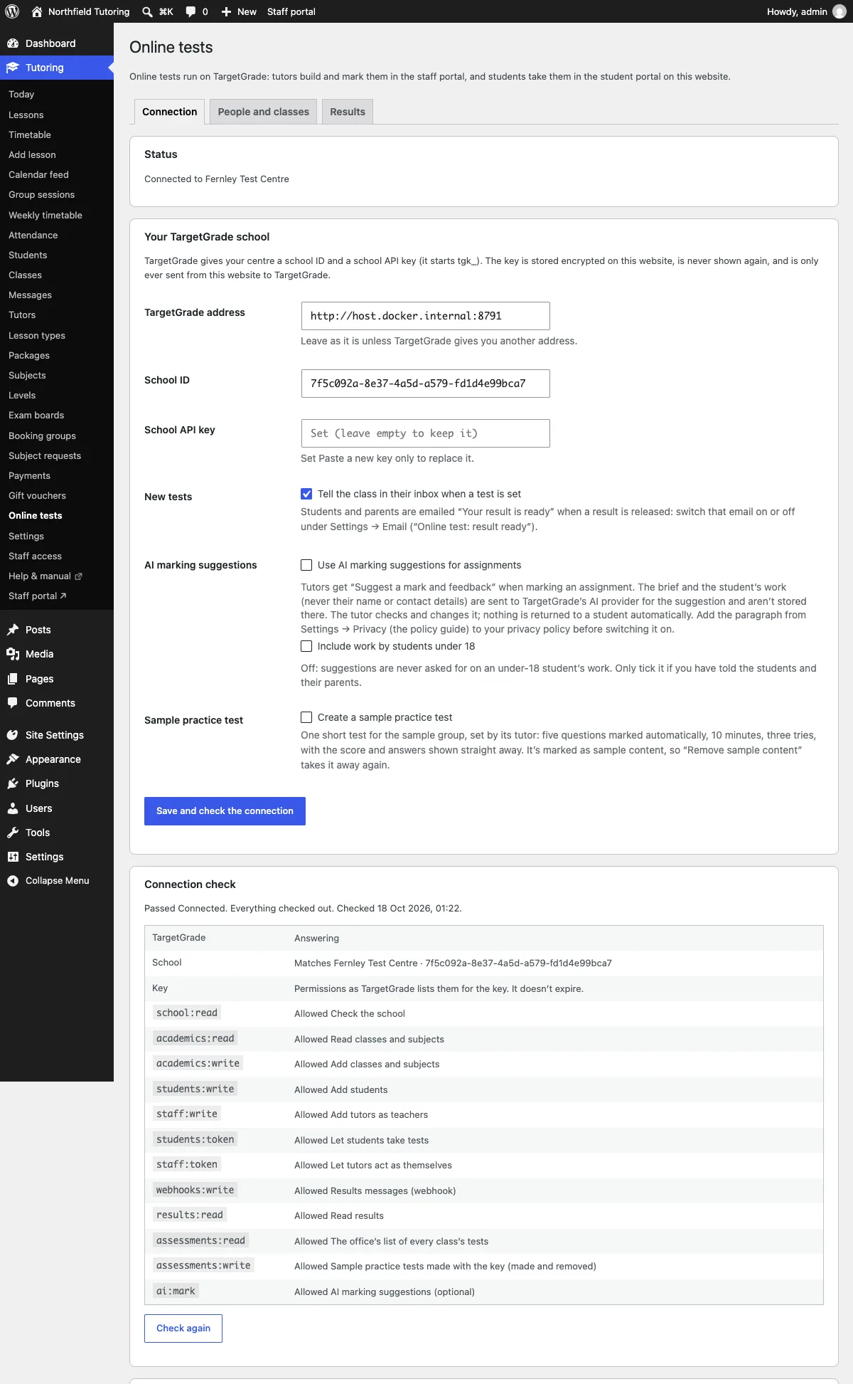 Online tests → Connection: the status, your school and key, the sample practice test, and the connection check