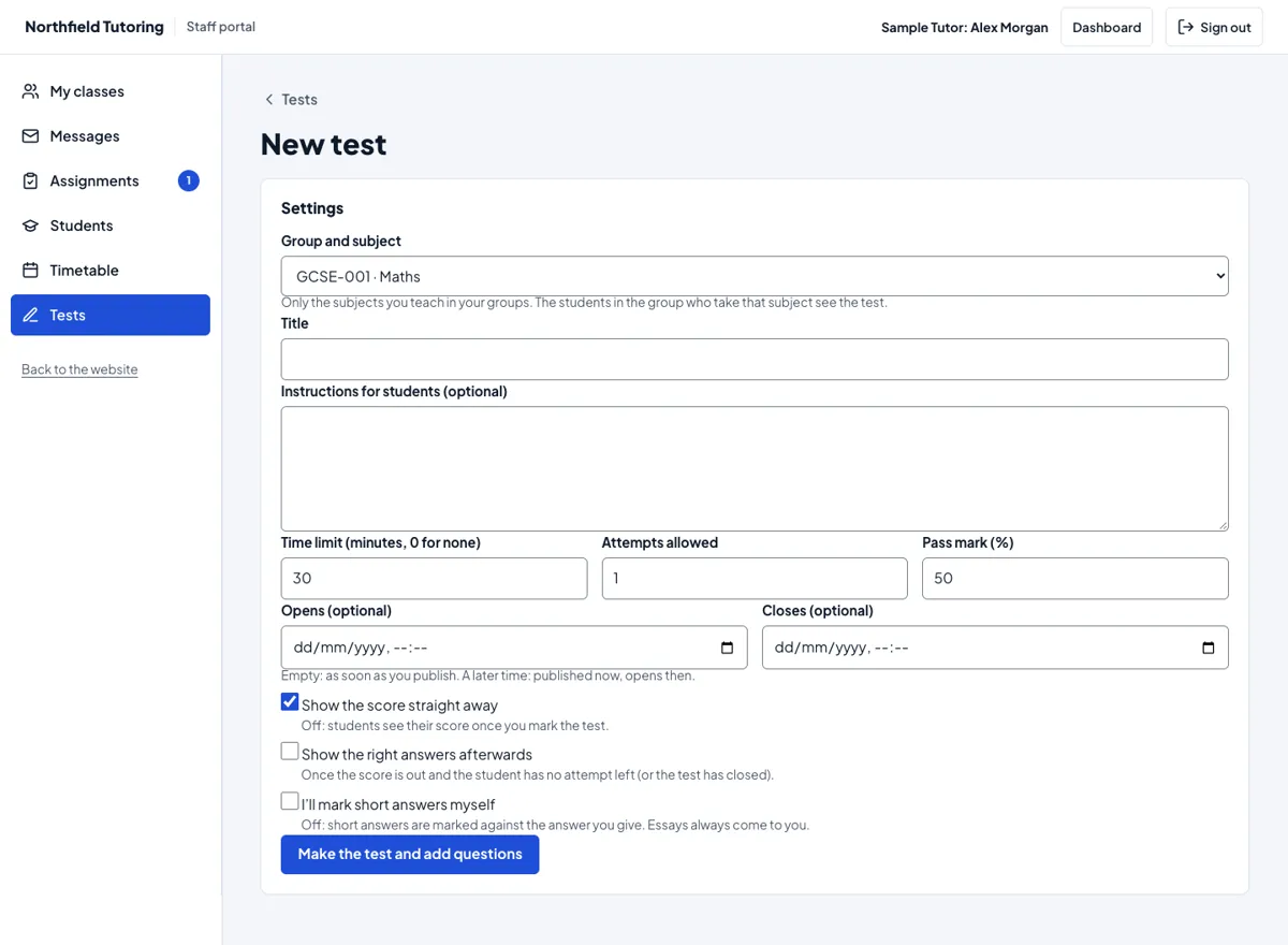 New test: choosing the group and subject, then the settings