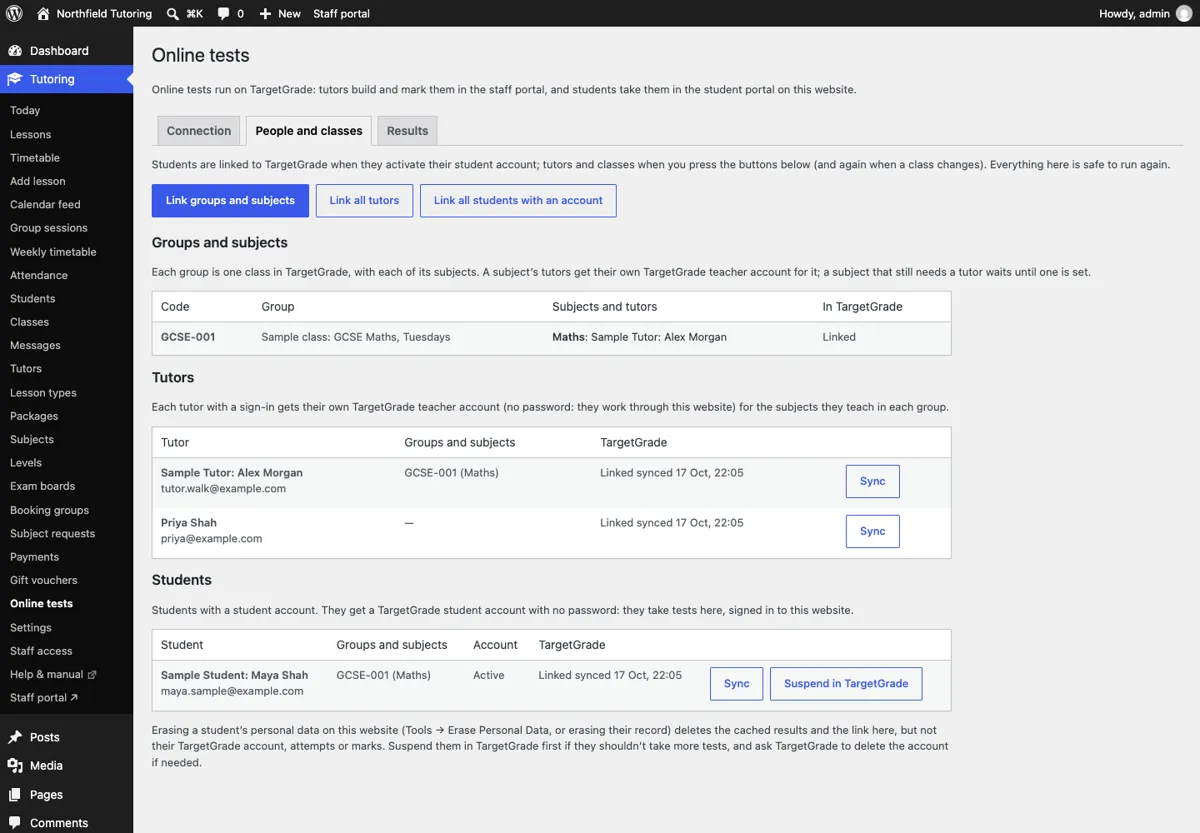 Online tests → People and classes: the class, tutors and students with their links to TargetGrade