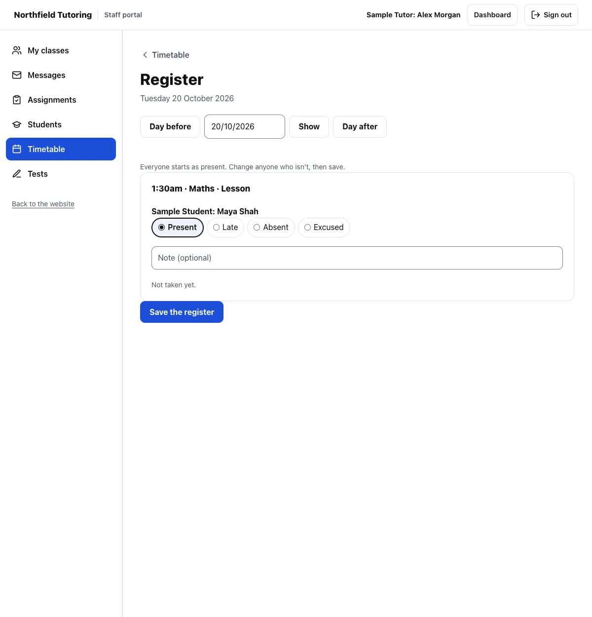 The register in the staff portal: a lesson with each student's Present, Late, Absent and Excused, a note, and Save the register