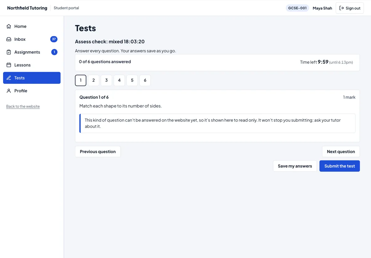 A test in progress: questions answered, the time left, the numbered questions, and one question at a time