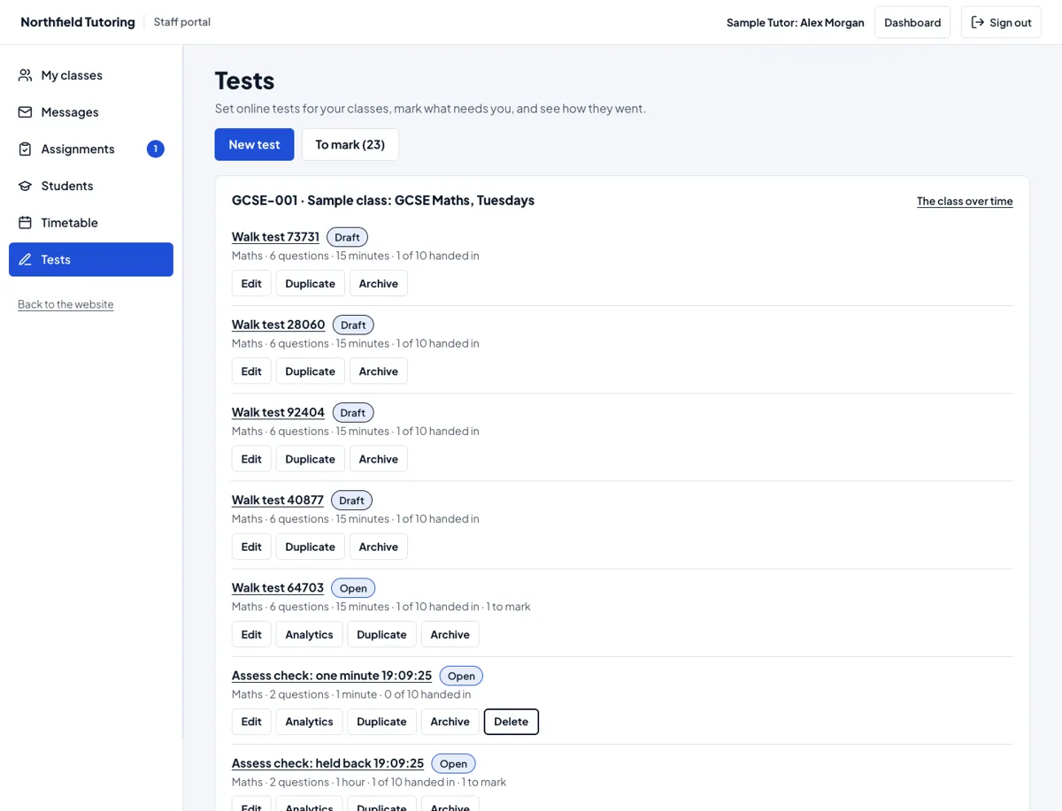 The staff portal's Tests tab: a tutor's tests by class, with New test and To mark