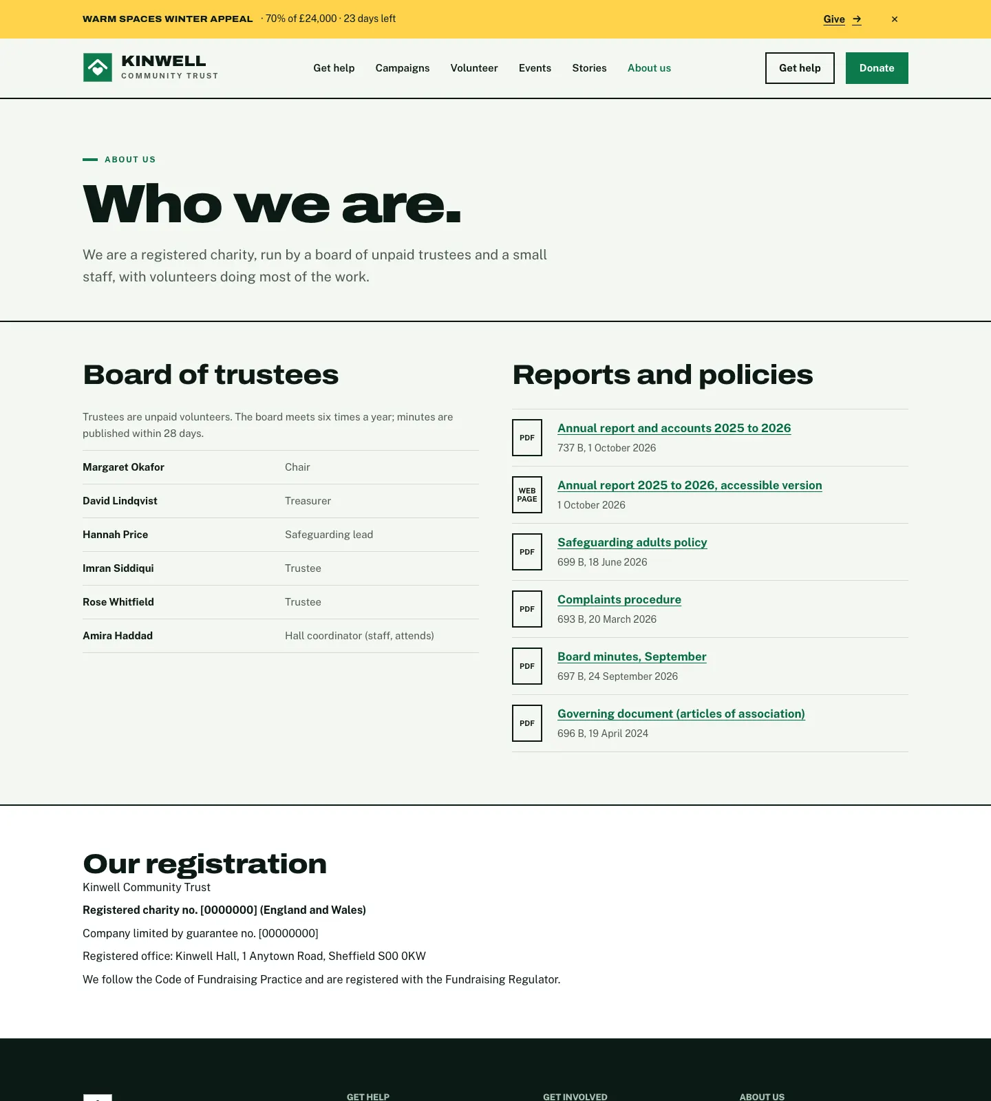 The About us page, with the list of trustees and their roles, the policies and documents with their file sizes, and the full registration details