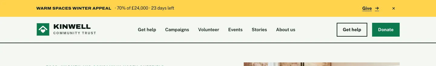 The appeal strip above the header: "Warm Spaces winter appeal, 70% of £24,000, 23 days left", a Give link and a close cross, with the Kinwell logo and menu below