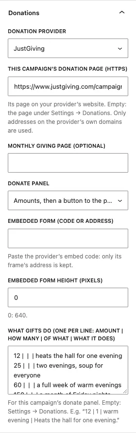 The campaign Donations panel, with JustGiving chosen, this campaign's own JustGiving page, the Donate panel set to Amounts then a button, and the campaign's own gift levels