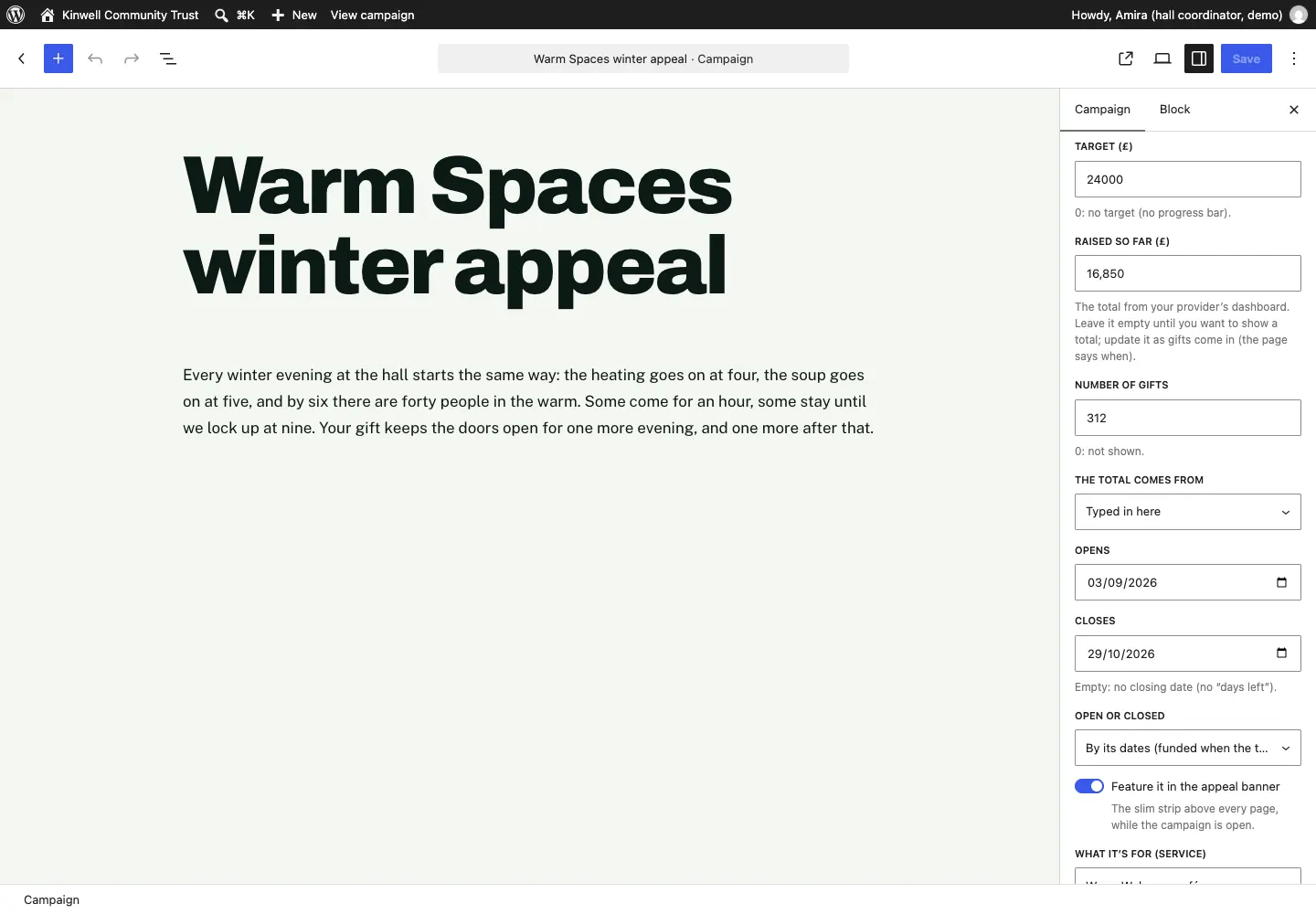 The campaign editor, with the title "Warm Spaces winter appeal" and the story on the left, and the Target and total panel open on the right