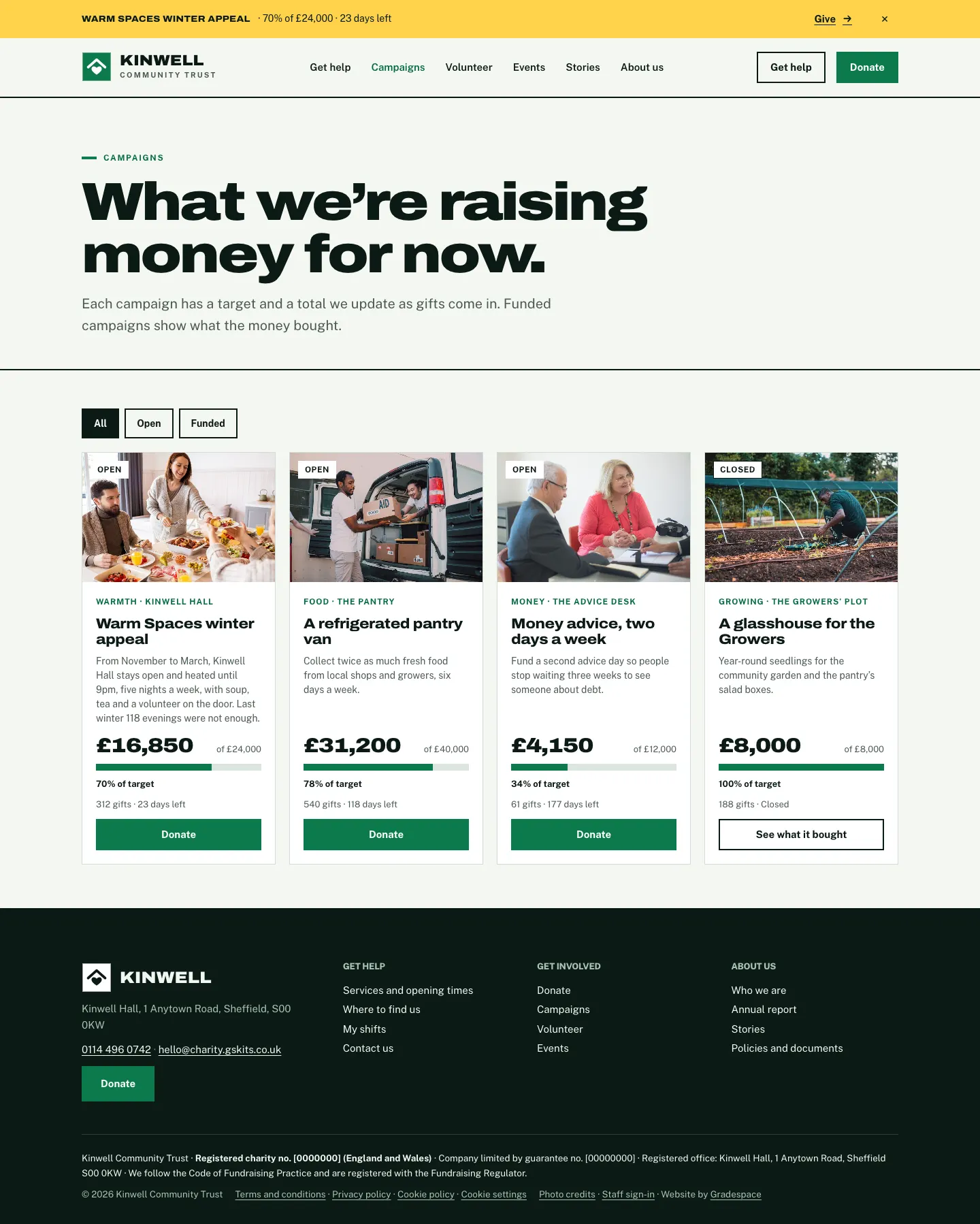 The Campaigns page with three open campaigns and their progress bars, and the closed glasshouse campaign at 100% with a See what it bought button