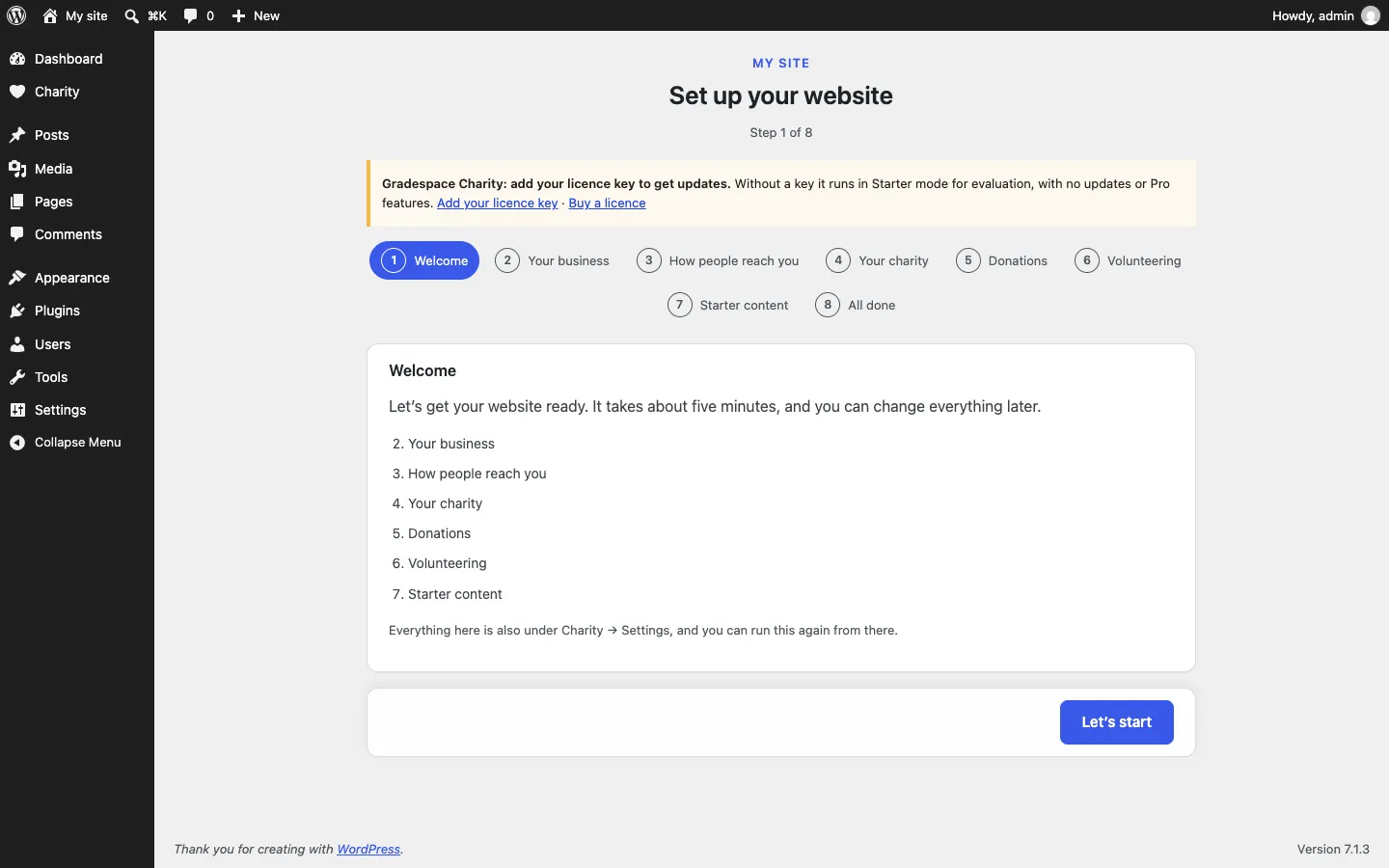 The setup wizard after the Gradespace Charity plugin is activated, now with the kit's own steps in the bar, and the yellow notice "Gradespace Charity: add your licence key to get updates" with links Add your licence key and Buy a licence