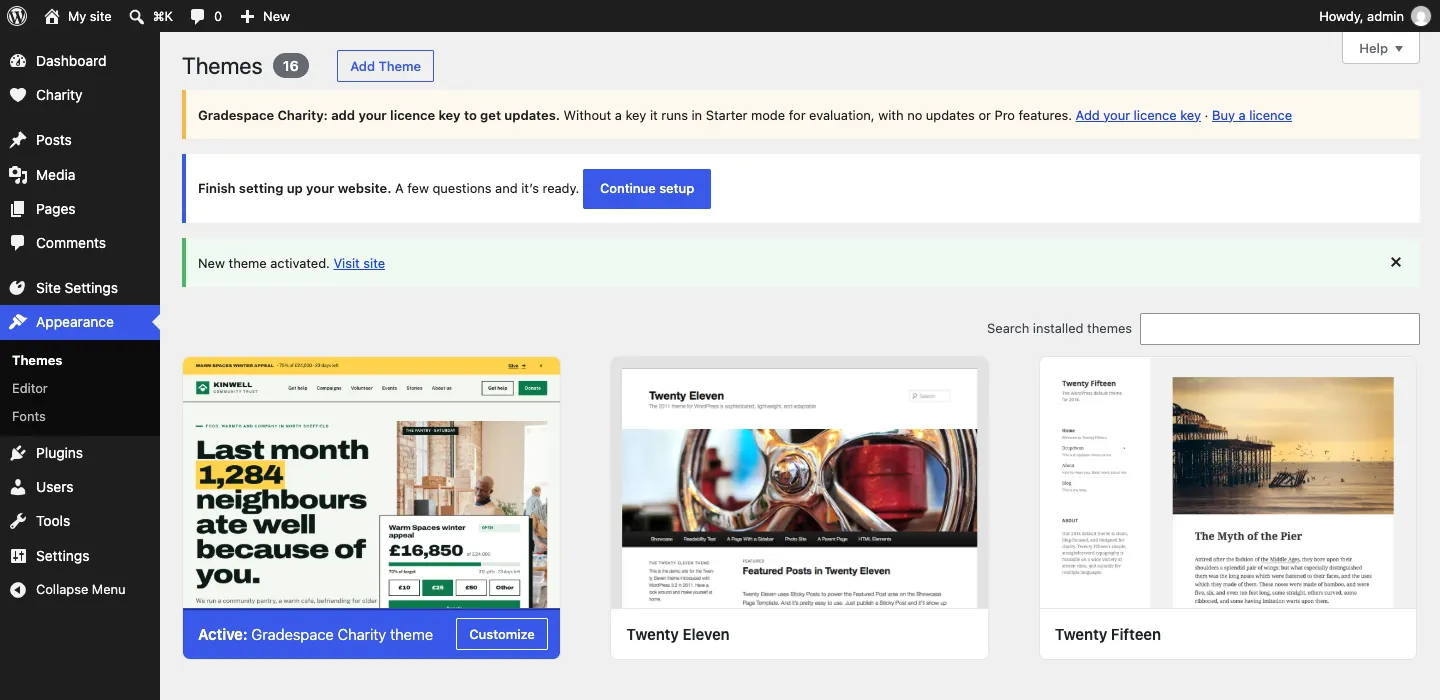 The Themes screen with "Active: Gradespace Charity", a notice "New theme activated", the blue "Finish setting up your website" notice with a Continue setup button, and the Site Settings menu on the left