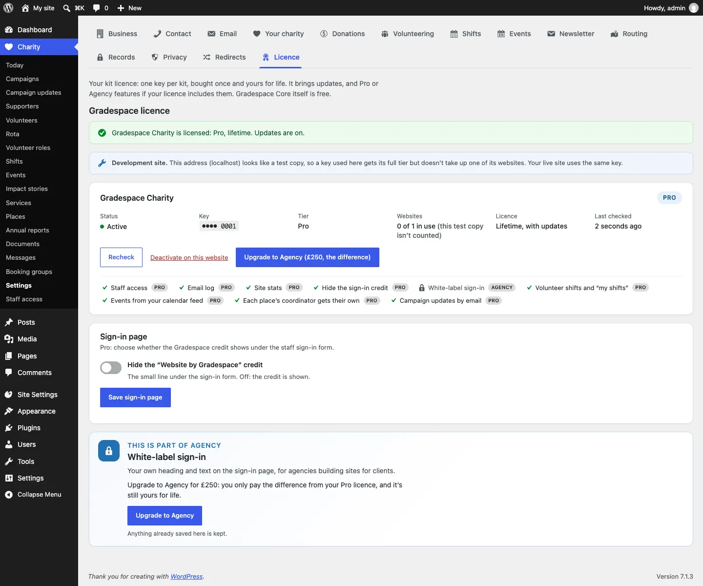 The Licence tab for Gradespace Clinic showing an active Pro licence with Recheck, Deactivate on this website and Upgrade to Agency (£250, the difference) buttons