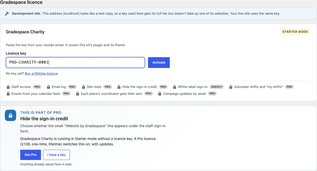 A sample licence key pasted into the Licence key box, ready to click Activate