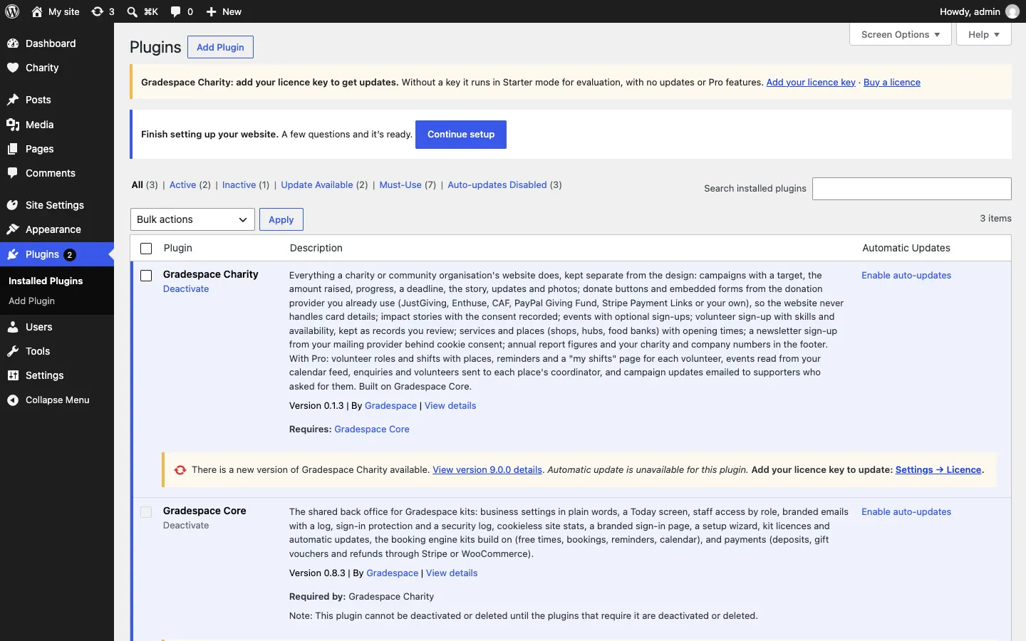 The Plugins screen without a licence key: under Gradespace Charity, "There is a new version of Gradespace Charity available. View version details. Automatic update is unavailable for this plugin. Add your licence key to update: Settings → Licence.", while Gradespace Core offers "update now"