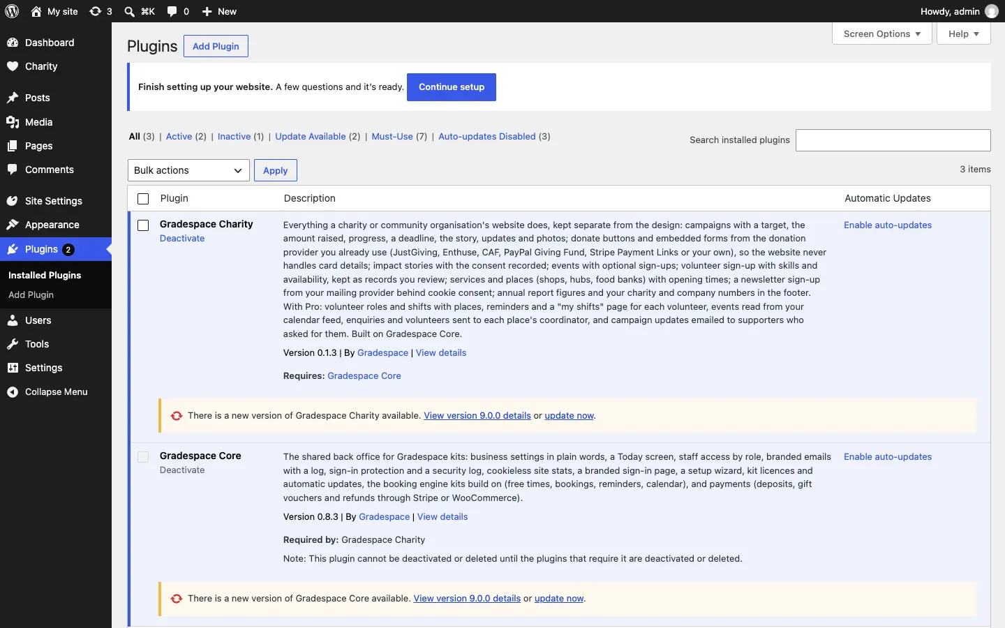 The Plugins screen with yellow lines under Gradespace Charity and Gradespace Core: "There is a new version of Gradespace Charity available. View version details or update now."