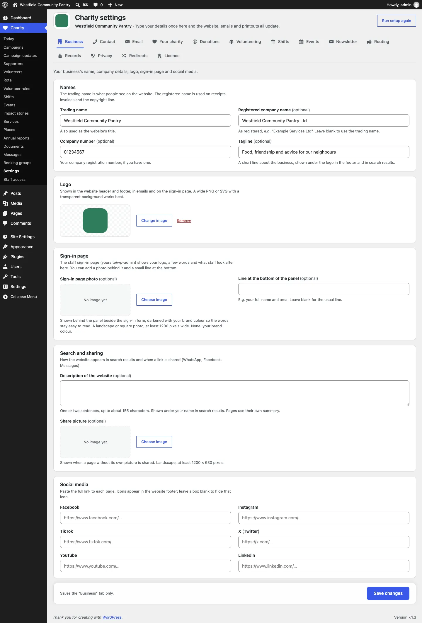 The whole Business tab: the Names card, the Logo card with the logo chosen, then the Sign-in page, Search and sharing and Social media cards, with Save changes at the bottom