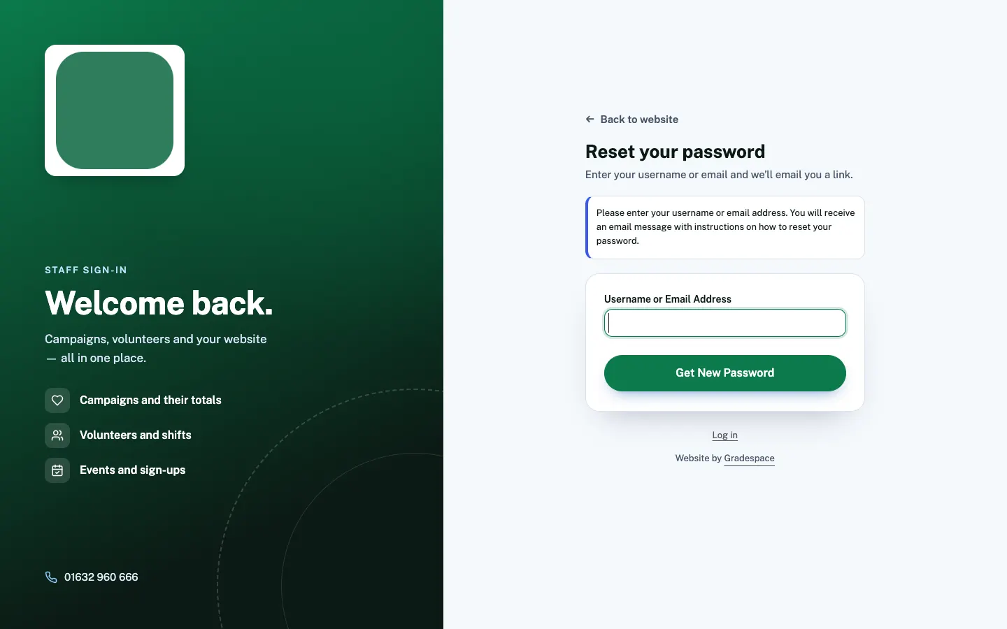 The Reset your password page: "Enter your username or email and we'll email you a link.", a Username or Email Address box, a Get New Password button and a Log in link