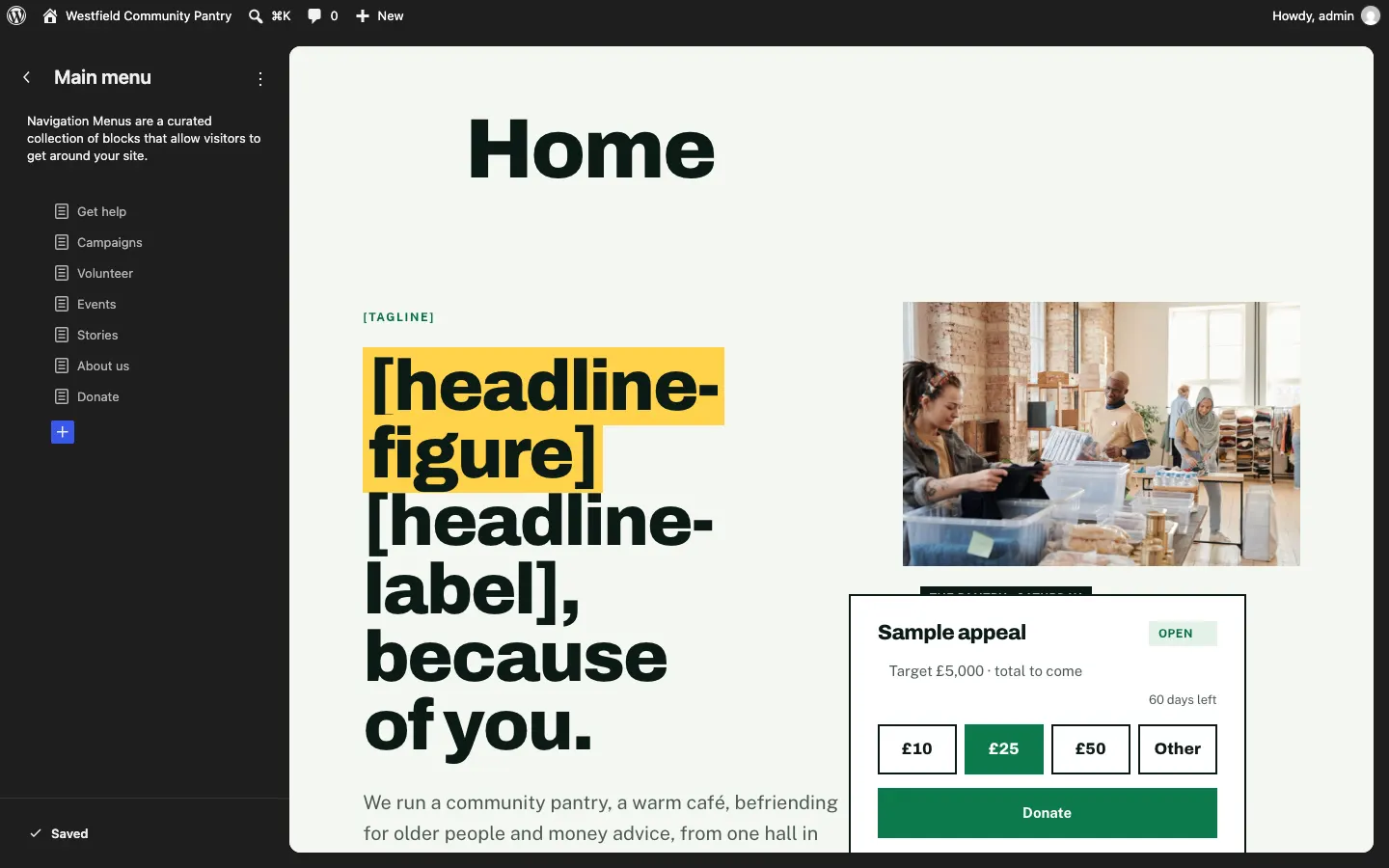 Navigation in the Site Editor: with only one menu, it opens the Main menu straight away, listing Get help, Campaigns, Volunteer, Events, Stories, About us and Donate, with the home page on the right