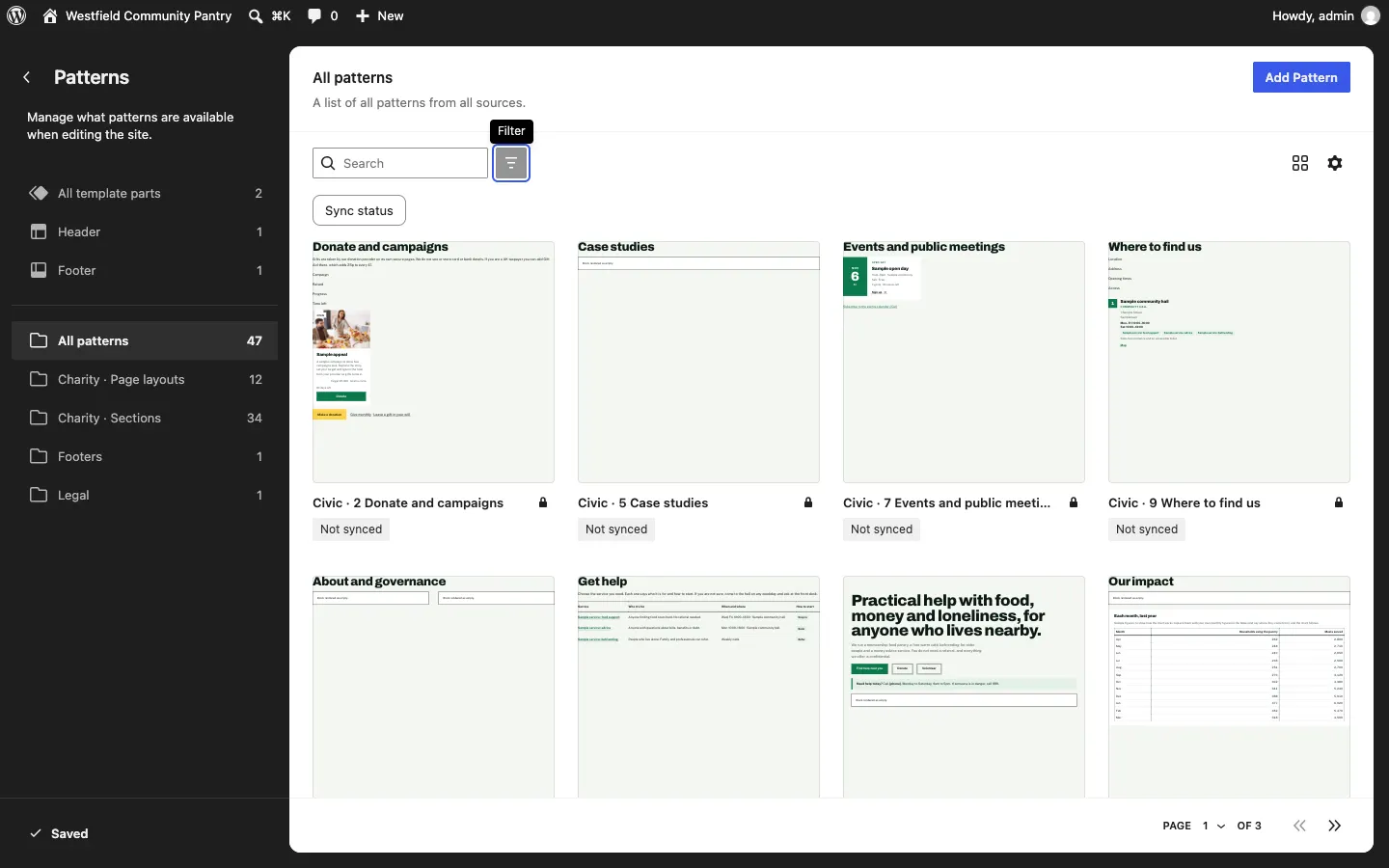 The Site Editor Patterns panel, with All template parts, Header and Footer at the top, then your kit's pattern categories
