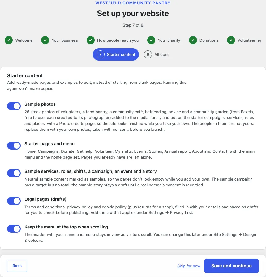 Step 7 of 8, Starter content, with five switches all on: Sample photos, Starter pages and menu, Sample services, roles, shifts, a campaign, an event and a story, Legal pages (drafts) and Keep the menu at the top when scrolling