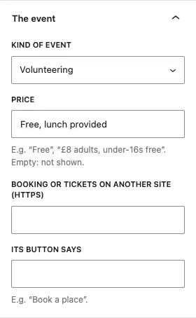 The event panel: Kind of event Volunteering, Price "Free, lunch provided", and an empty booking link and button wording