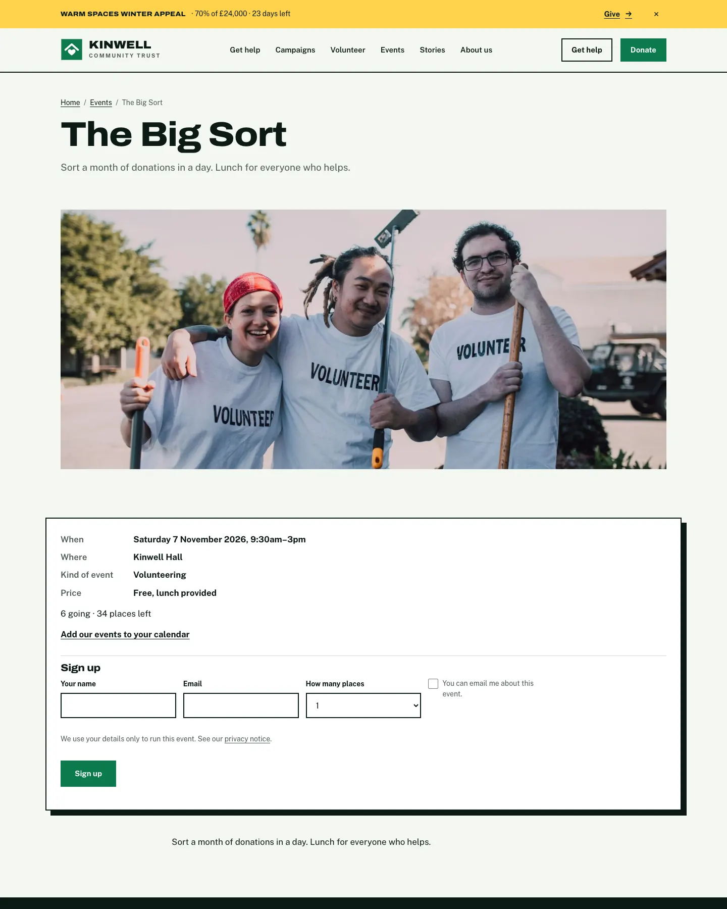 The Big Sort event page, with when, where, the kind of event, the price "Free, lunch provided", 6 going and 34 places left, Add our events to your calendar, and the Sign up form