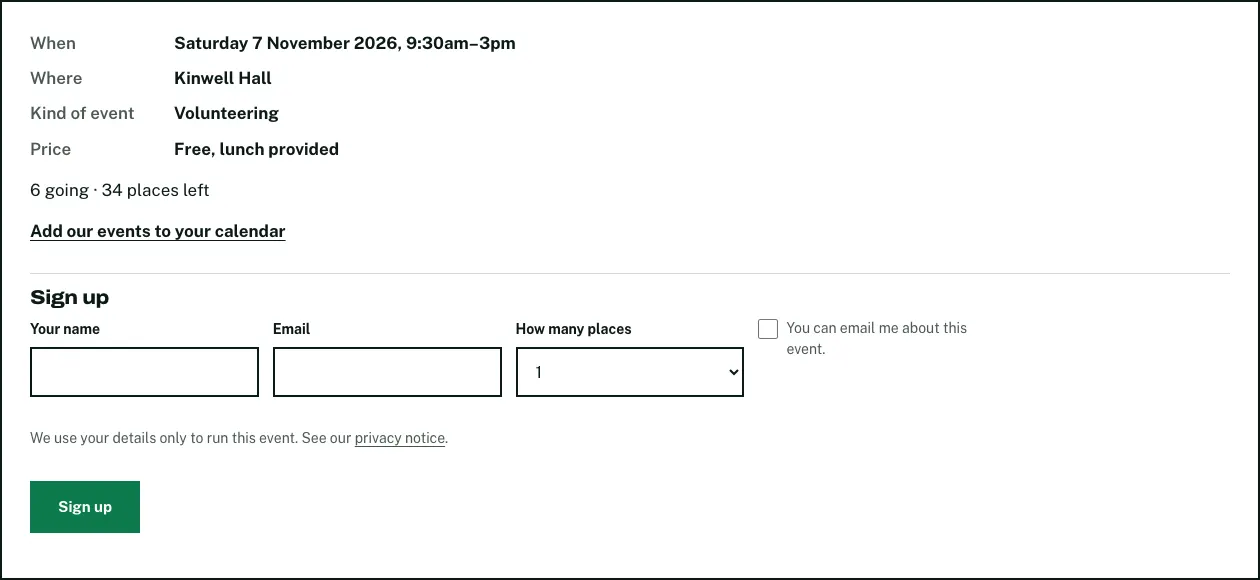 The event details box close up: when, where, kind of event and price, 6 going and 34 places left, and the Sign up form with Your name, Email, How many places and the email consent box