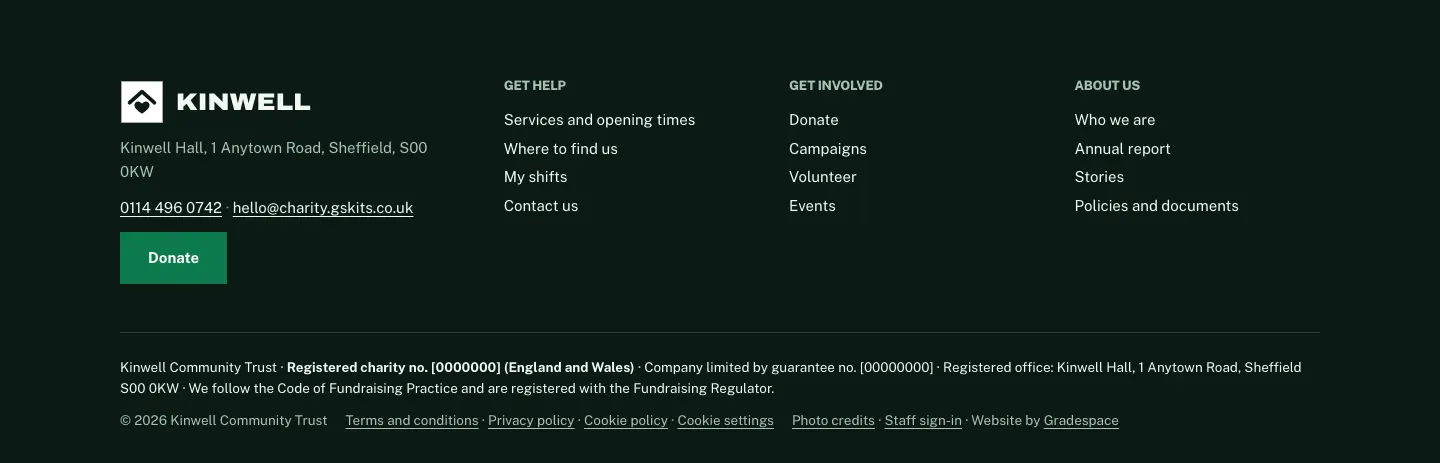 The footer of the Kinwell demo, showing the address, phone and email, three columns of links, and the legal line with the registered charity number, company number and registered office