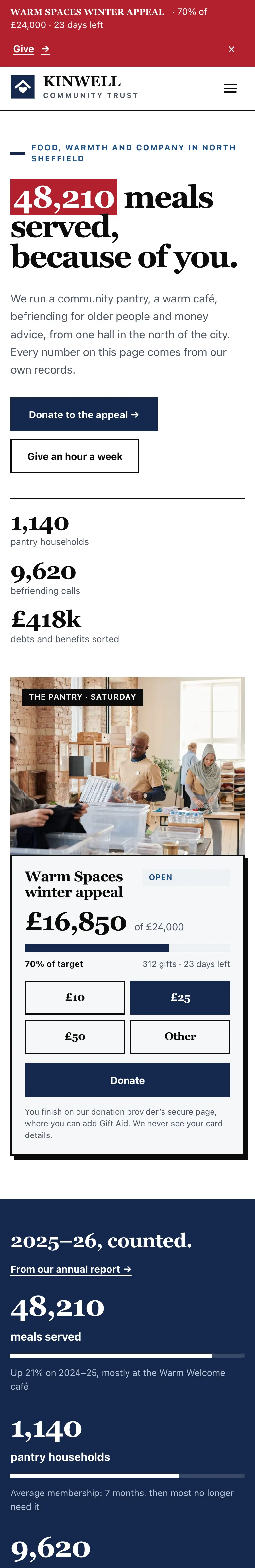 The Civic home page on a phone, with the red appeal strip, serif headline and navy buttons