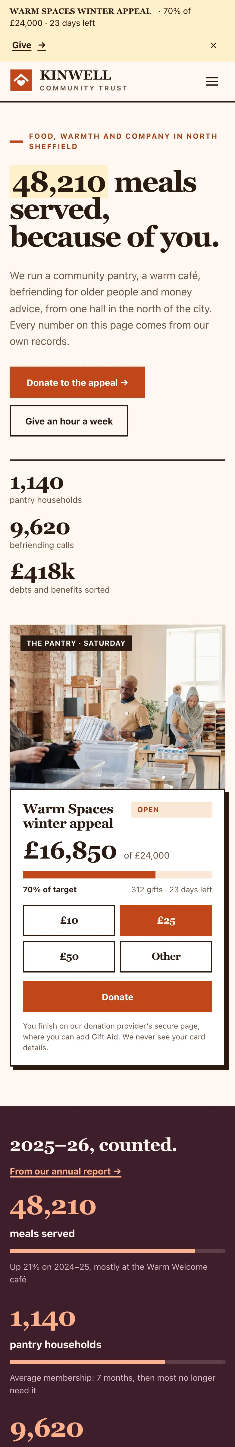 The Hope home page on a phone, with cream background, burnt-orange buttons and the serif headline