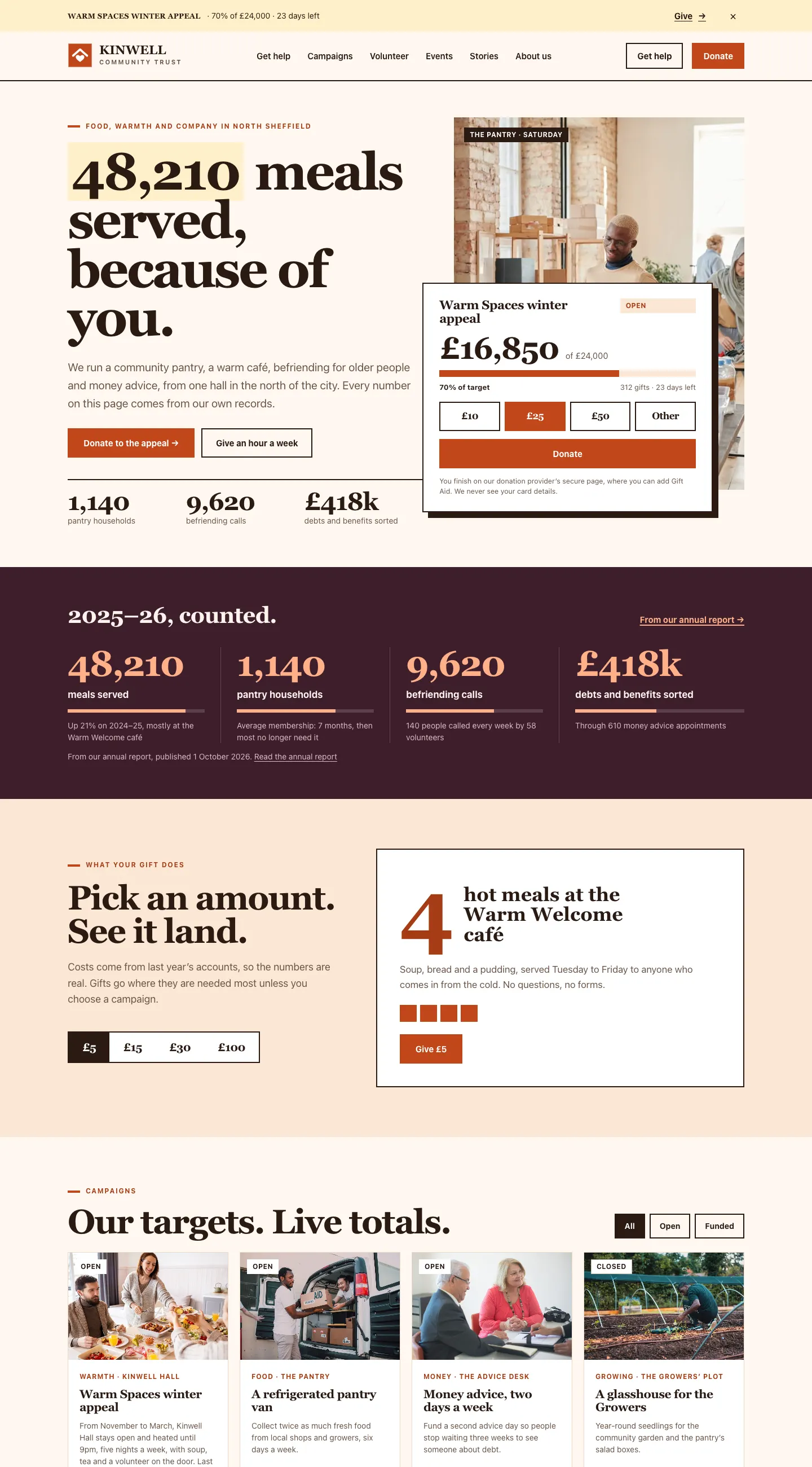 The demo home page in the Hope design: a soft yellow appeal strip, cream background, burnt-orange buttons, a warm serif headline and a plum band of figures