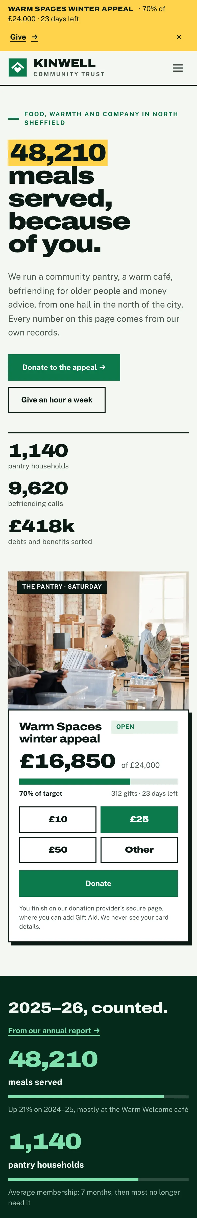 The Impact home page on a phone: the appeal strip, the logo and menu button, the large headline and the campaign card stacked below