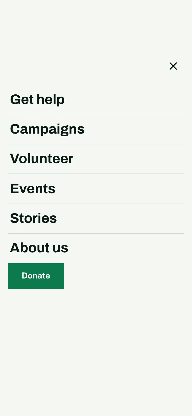 The menu opened on a phone, with large links to Get help, Campaigns, Volunteer, Events, Stories and About us, and a green Donate button
