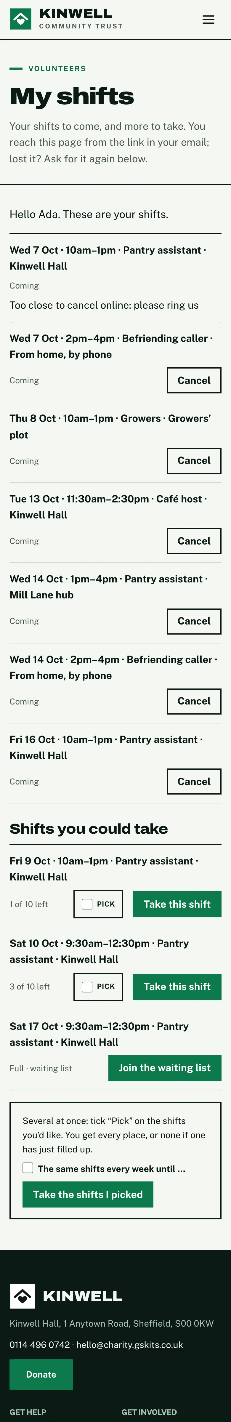 The My shifts page on a phone, with Ada's shifts and Cancel buttons in one column