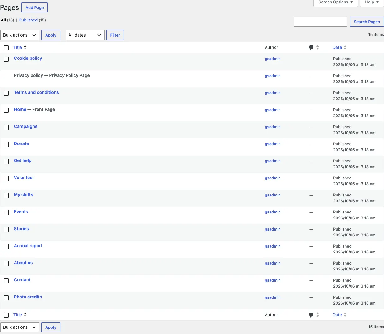 The Pages list in the admin, with Cookie policy, Privacy policy, Terms and conditions, Home, Campaigns, Donate, Get help, Volunteer, My shifts and Events