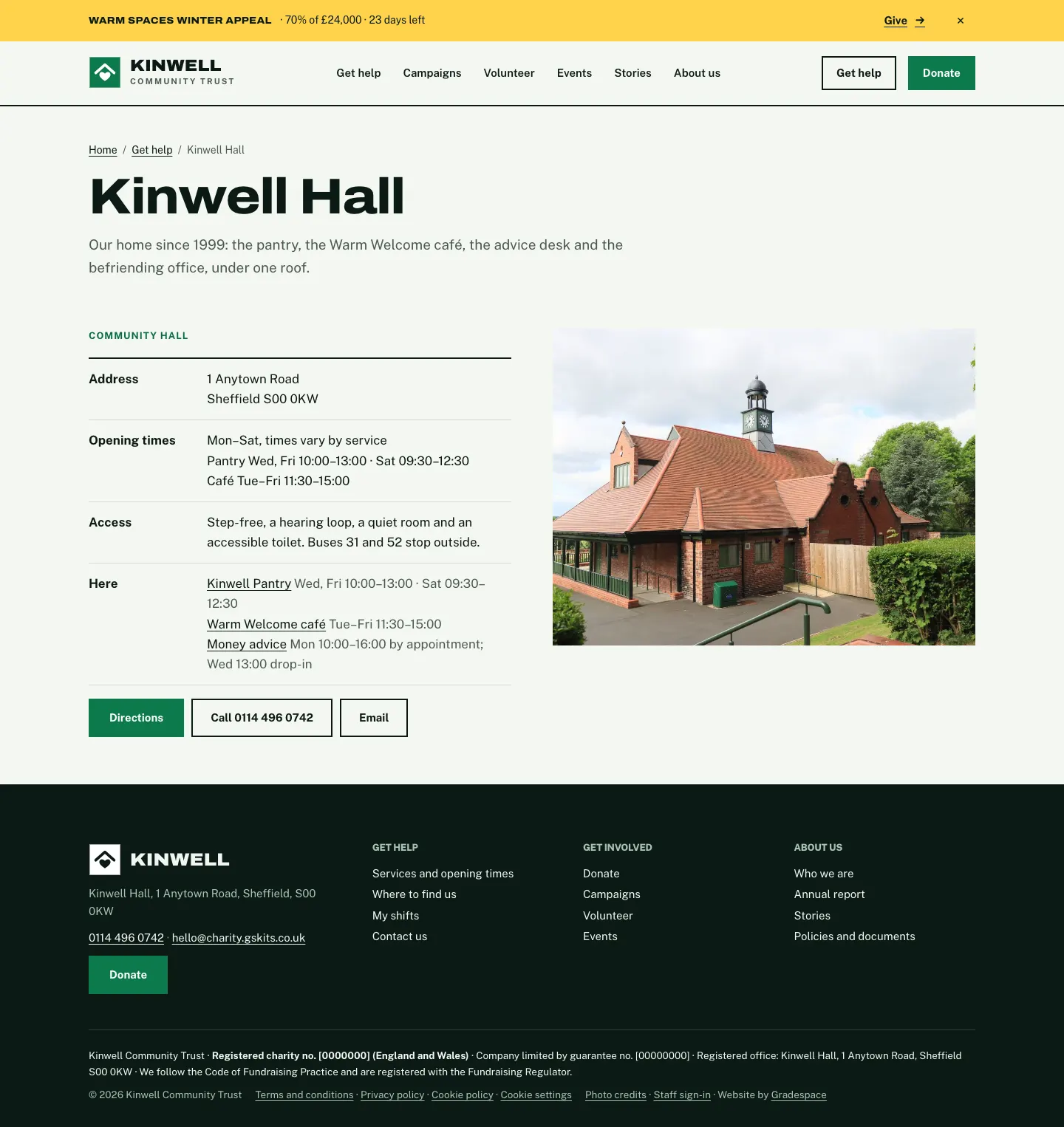 The Kinwell Hall page: Community hall, the address, opening times, access notes, the pantry, café and money advice that run there with their times, a photo of the hall, and Directions, Call 0114 496 0742 and Email buttons