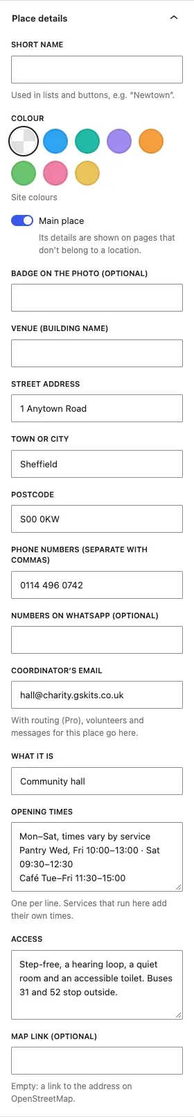 The Place details panel for Kinwell Hall: Main place ticked, the street address, town and postcode, phone number, coordinator's email hall@charity.gskits.co.uk, Community hall, opening times for the pantry and café, and access notes