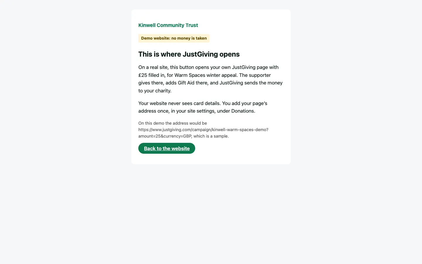 The demo's stand-in page: "This is where JustGiving opens", saying a real site opens your own JustGiving page with £25 filled in, where the supporter adds Gift Aid, with a Back to the website button