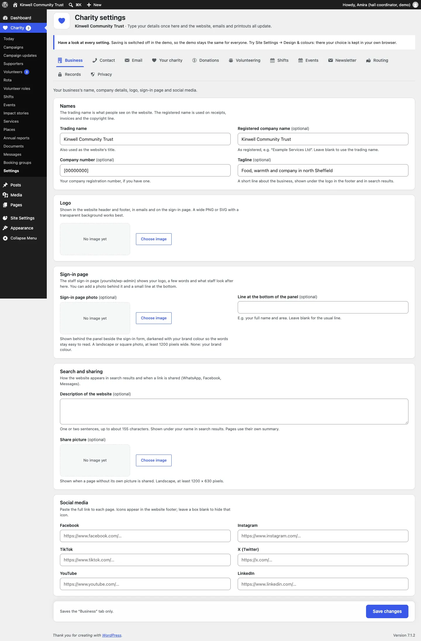 The Business settings tab: names, company number, tagline, logo, sign-in page photo, search and sharing, and social media links