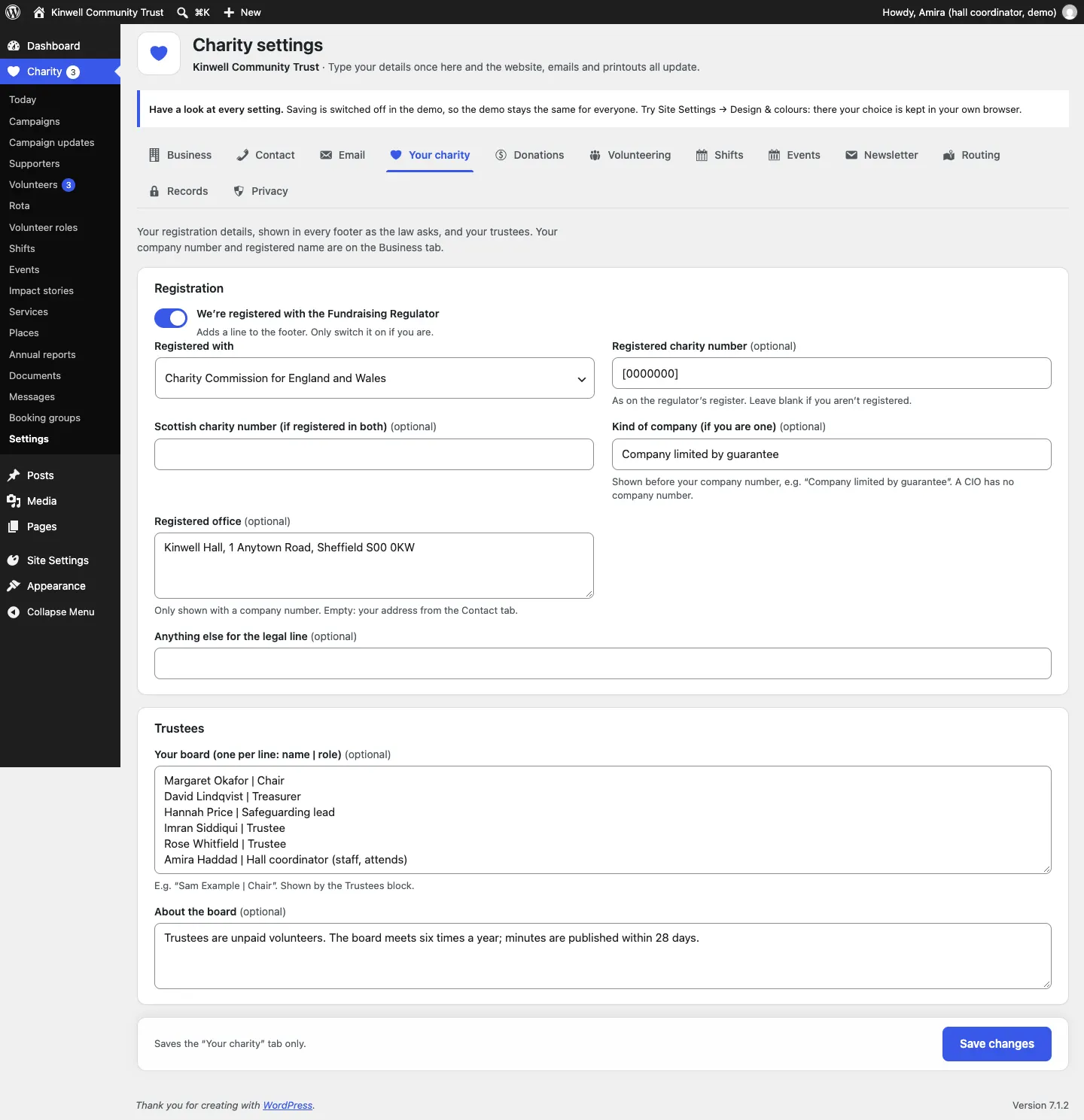 The Your charity settings tab, with Registered with, the charity number, kind of company, registered office and the trustees list