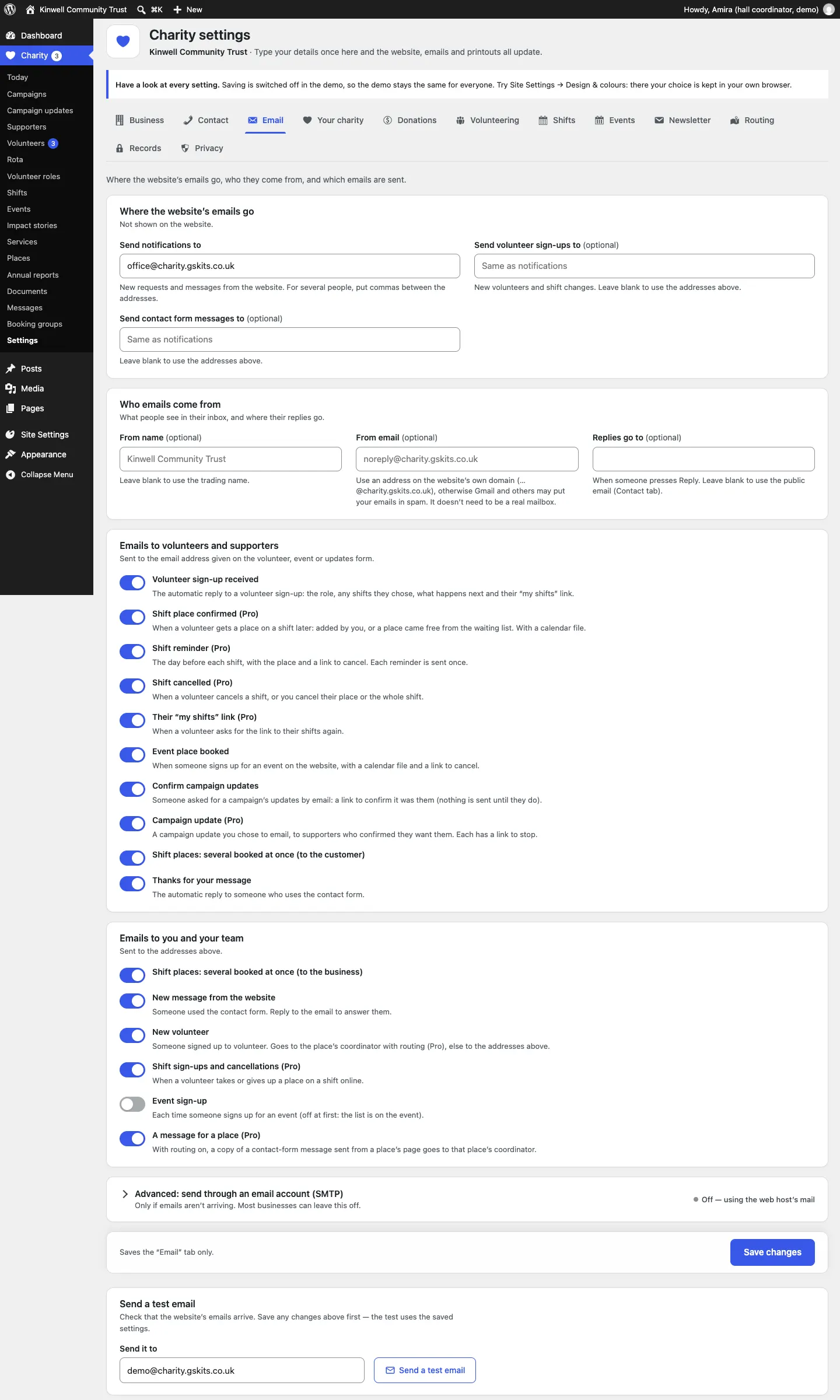 The Email settings tab: Send notifications to, Send volunteer sign-ups to and Send contact form messages to, who emails come from, the list of emails to volunteers and supporters and to your team, SMTP and Send a test email