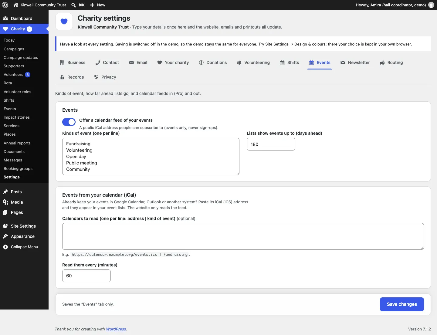 The Events settings tab: Offer a calendar feed of your events, Kinds of event, Lists show events up to 180 days ahead, and Events from your calendar (iCal) with Calendars to read and Read them every 60 minutes