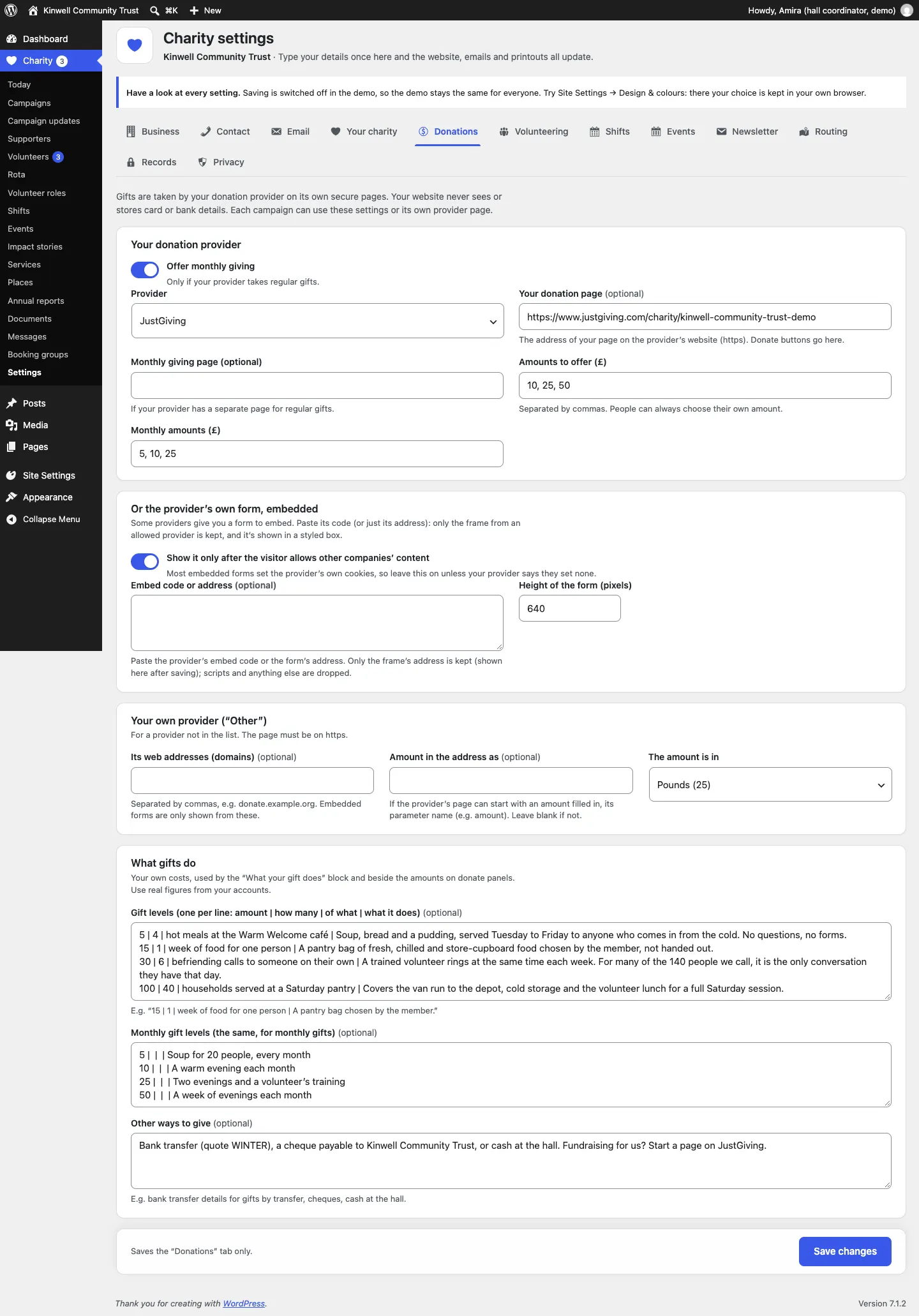 The Donations settings tab: Offer monthly giving, Provider JustGiving, your donation page, amounts, the embedded form section, Your own provider, What gifts do with gift levels, and Other ways to give