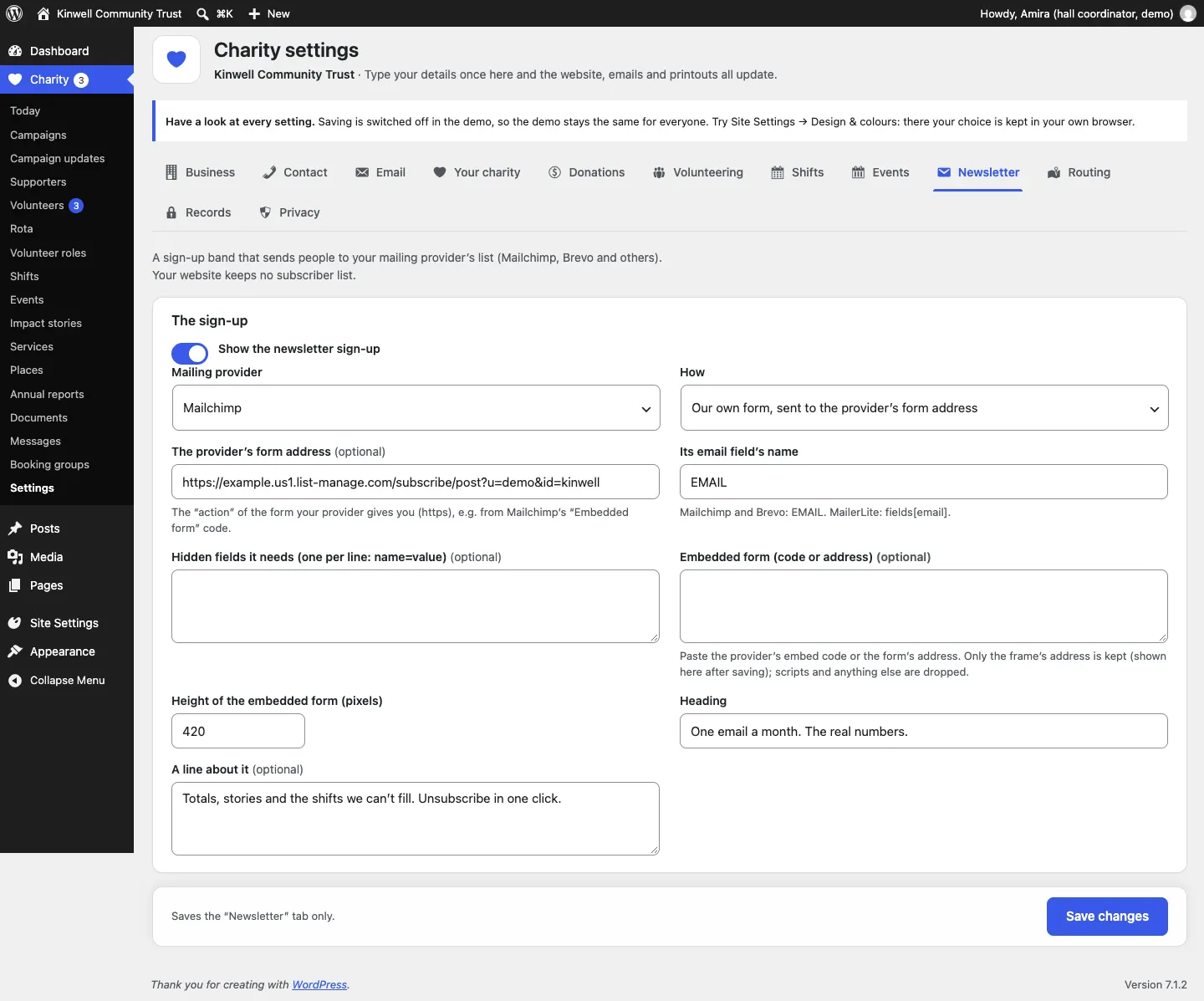 The Newsletter settings tab: Show the newsletter sign-up, Mailing provider Mailchimp, How set to our own form, the form address, the email field's name EMAIL, heading and a line about it