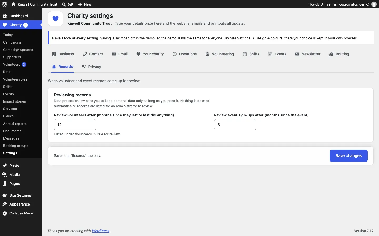 The Records settings tab: Review volunteers after 12 months and Review event sign-ups after 6 months, with the note that nothing is deleted automatically