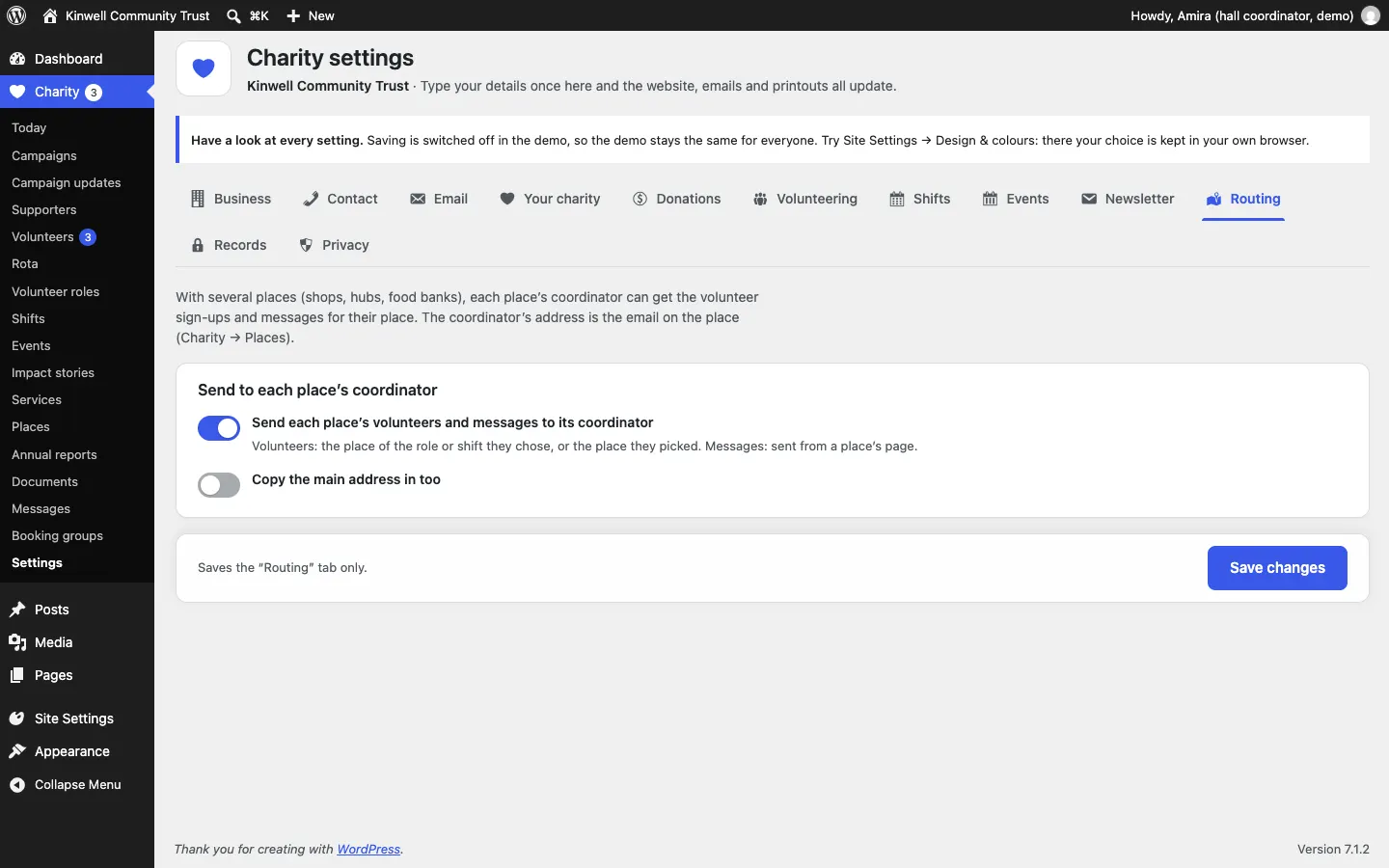 The Routing settings tab, explaining that each place's coordinator can get the volunteer sign-ups and messages for their place, with the Send each place's volunteers and messages to its coordinator and Copy the main address in too switches