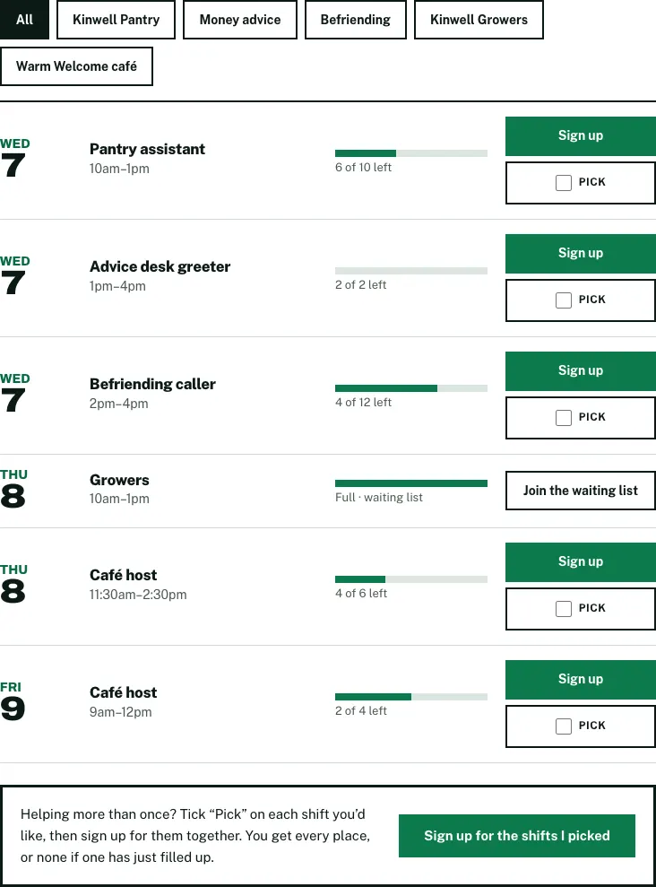 The shifts block on the home page: filter buttons for each service, and the next shifts with their date, time, place, places left and Sign up or Join the waiting list buttons