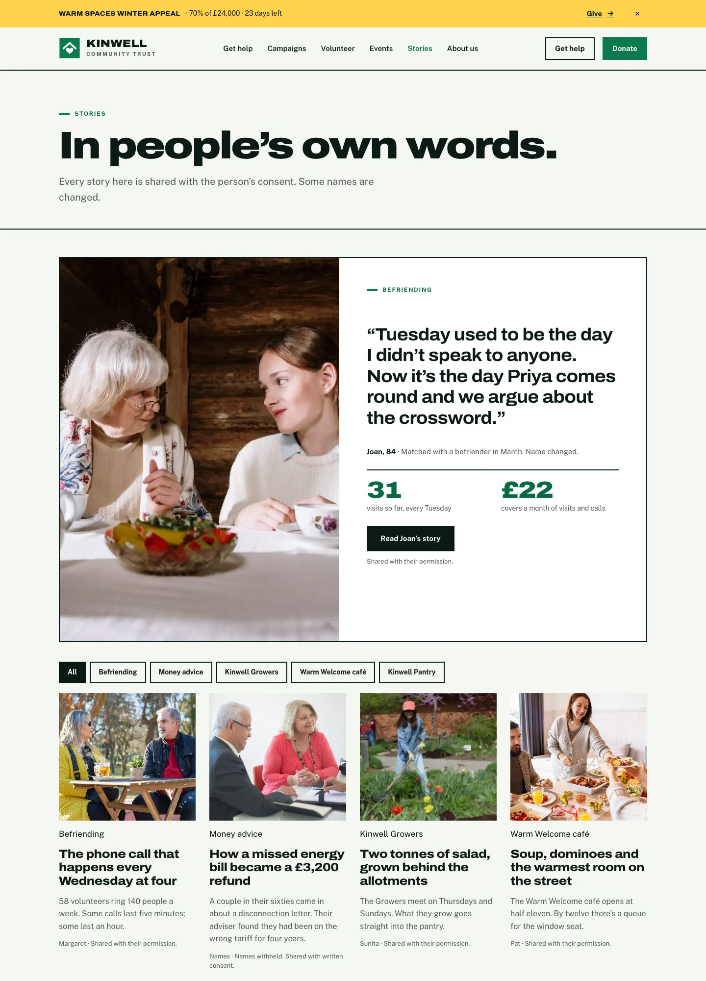 The Stories page: "In people's own words.", Joan's featured story with her quote, two figures and a Read Joan's story button, filters for each service, and four more story cards each with a consent line such as "Shared with their permission"