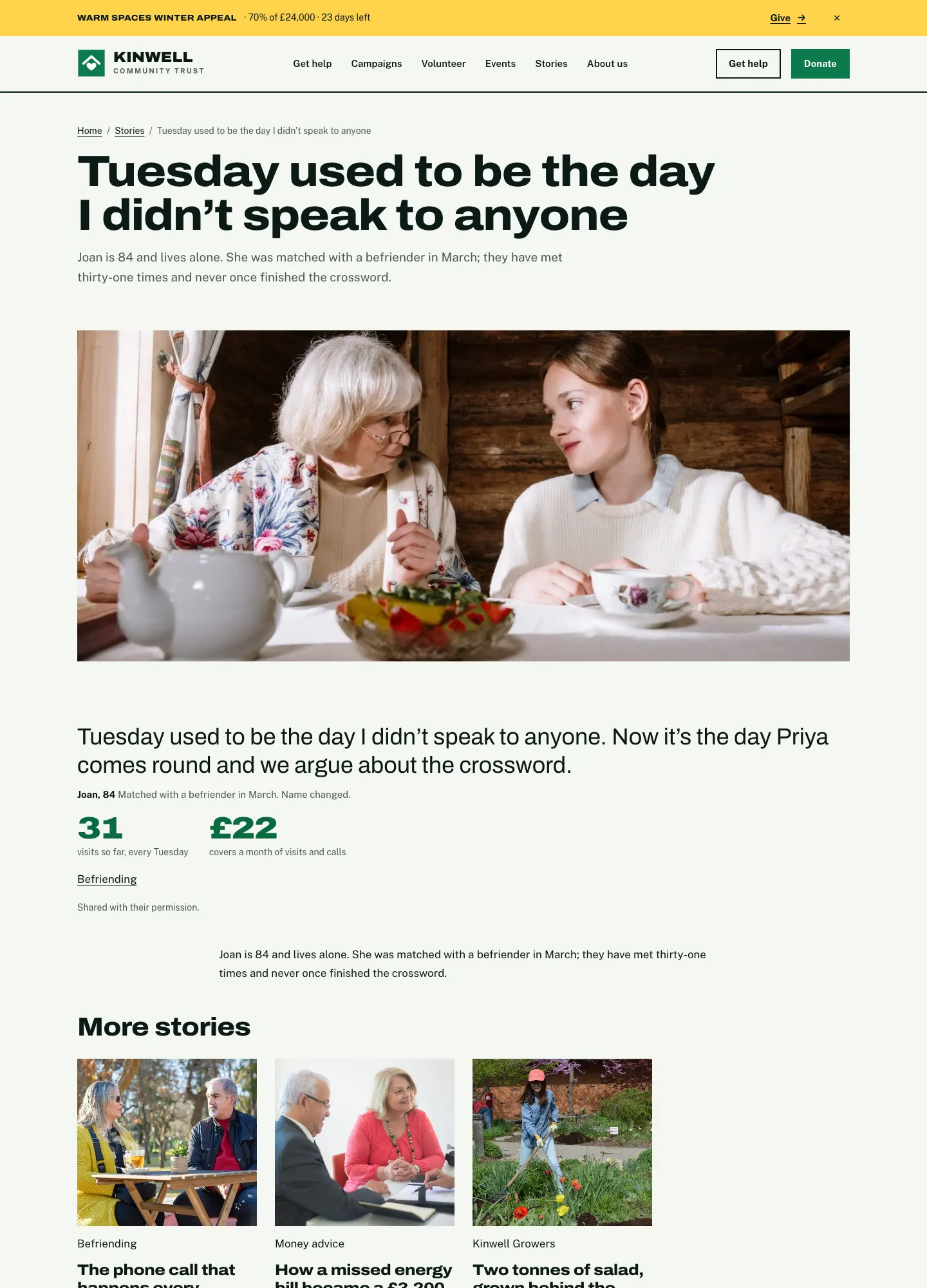 Joan's story page, with her quote, her first name and age, the story, the figures and the consent line